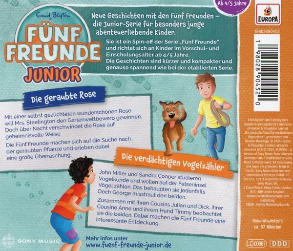 Buchcover mit dem Titel 'Fünf Freunde Junior'. Zeigt einen Jungen, einen Hund und ein Mädchen. Text auf Deutsch.