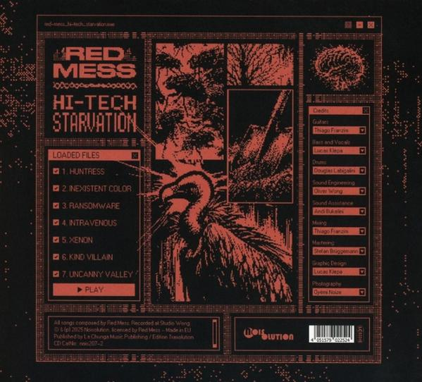 Albumcover mit rotem und schwarzem Design. Text enthält 'RED MESS' und Titellisten. Eine vogelartige Figur befindet sich im Zentrum.