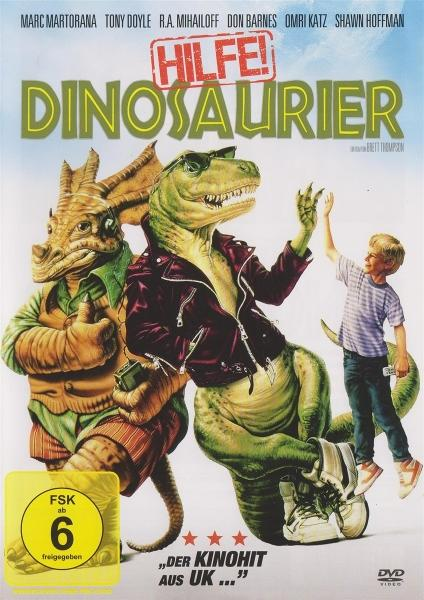 Filmposter: Zwei Dinosaurier in Jacken mit einem Jungen. Titel lautet "Hilfe! Dinosaurier". Unten ist ein DVD-Logo.