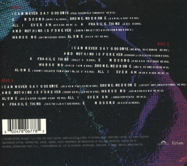 Album cover with white text on a dark, colorful background listing song titles and remixes.