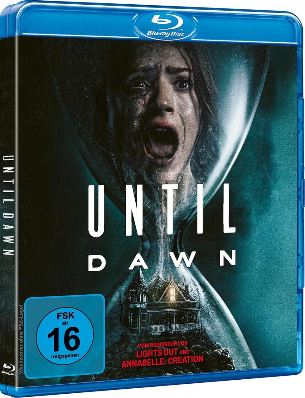 Blu-ray-Cover für „Until Dawn“. Eine Frau schreit in einer Sanduhr. Ein Haus ist im Sand. Der Titel steht in großen weißen Buchstaben.