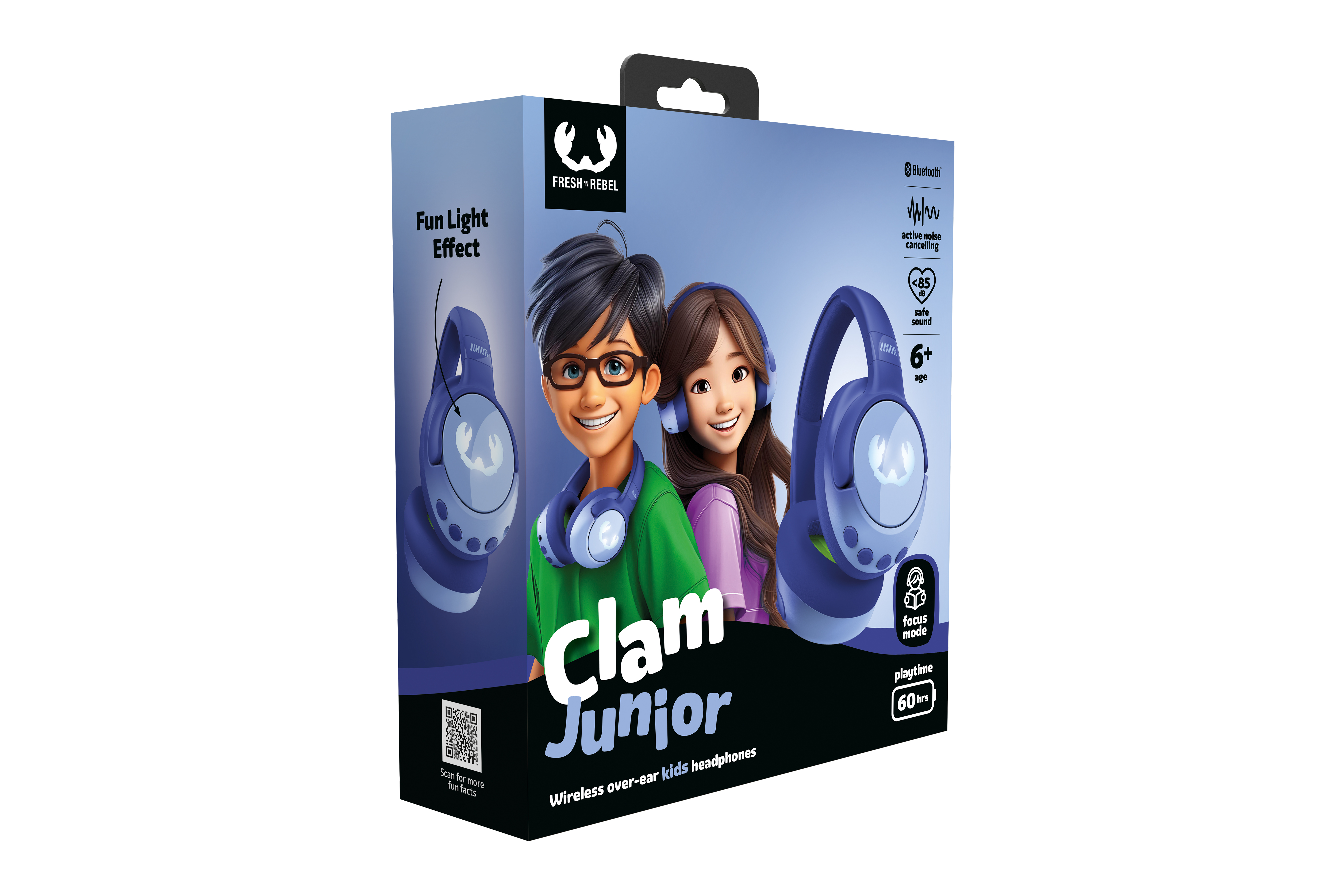 Clam Junior kulaklık kutusu. Mavi kulaklık takan bir erkek ve bir kız çocuğu gösterir. Bluetooth ve gürültü engelleme özelliğine sahiptir.