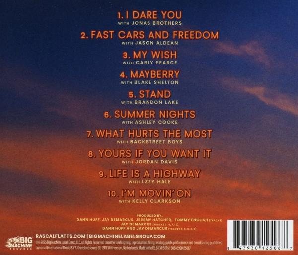 Albumcover mit Songtiteln und Künstlern. Der Hintergrund ist ein orange-blauer Farbverlauf. Ein Barcode befindet sich unten rechts.