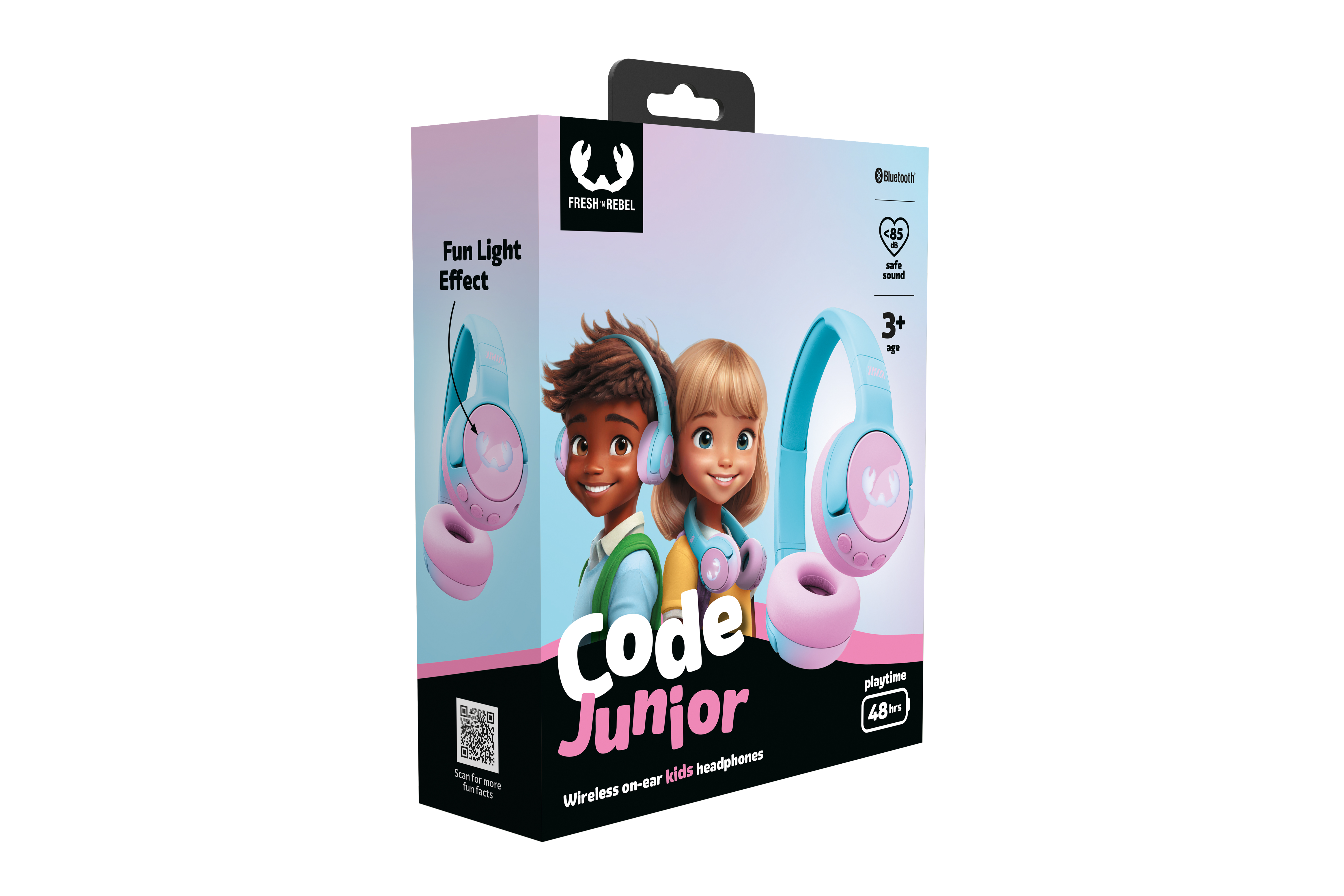 Çocuk kulaklığı kutusu. Kutuda kulaklık takan iki çizgi film karakteri yer alıyor. Pembe ve mavi renkler.