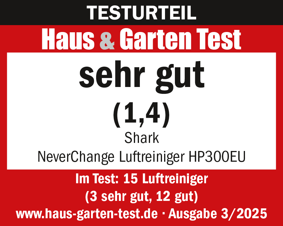 Ein rotes und weißes Schild mit Text: Haus & Garten Test, sehr gut (1,4), NeverChange Luftreiniger. Details zum Test sind angegeben.