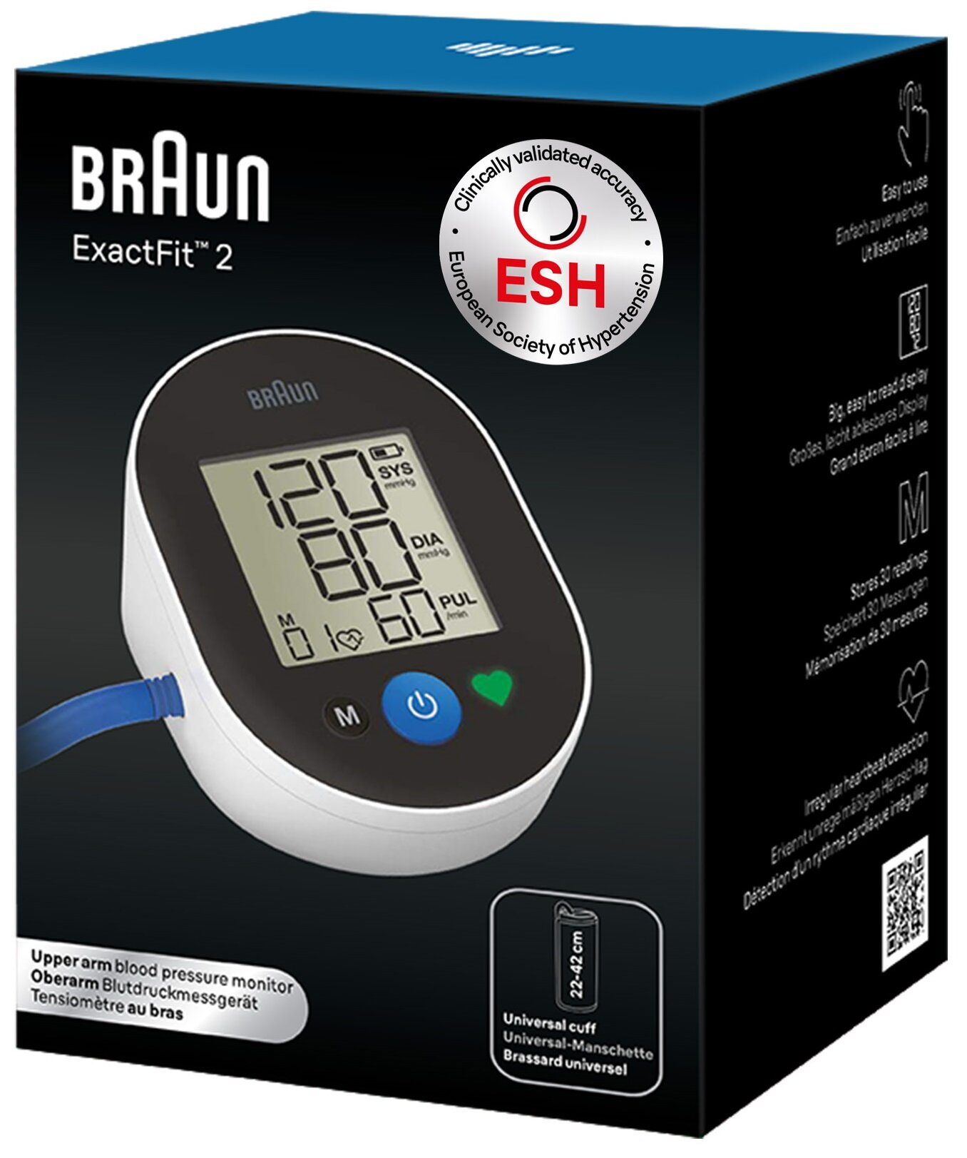 Ciśnieniomierz Braun ExactFit 2. Czarno-białe urządzenie z cyfrowym wyświetlaczem pokazującym odczyty ciśnienia.