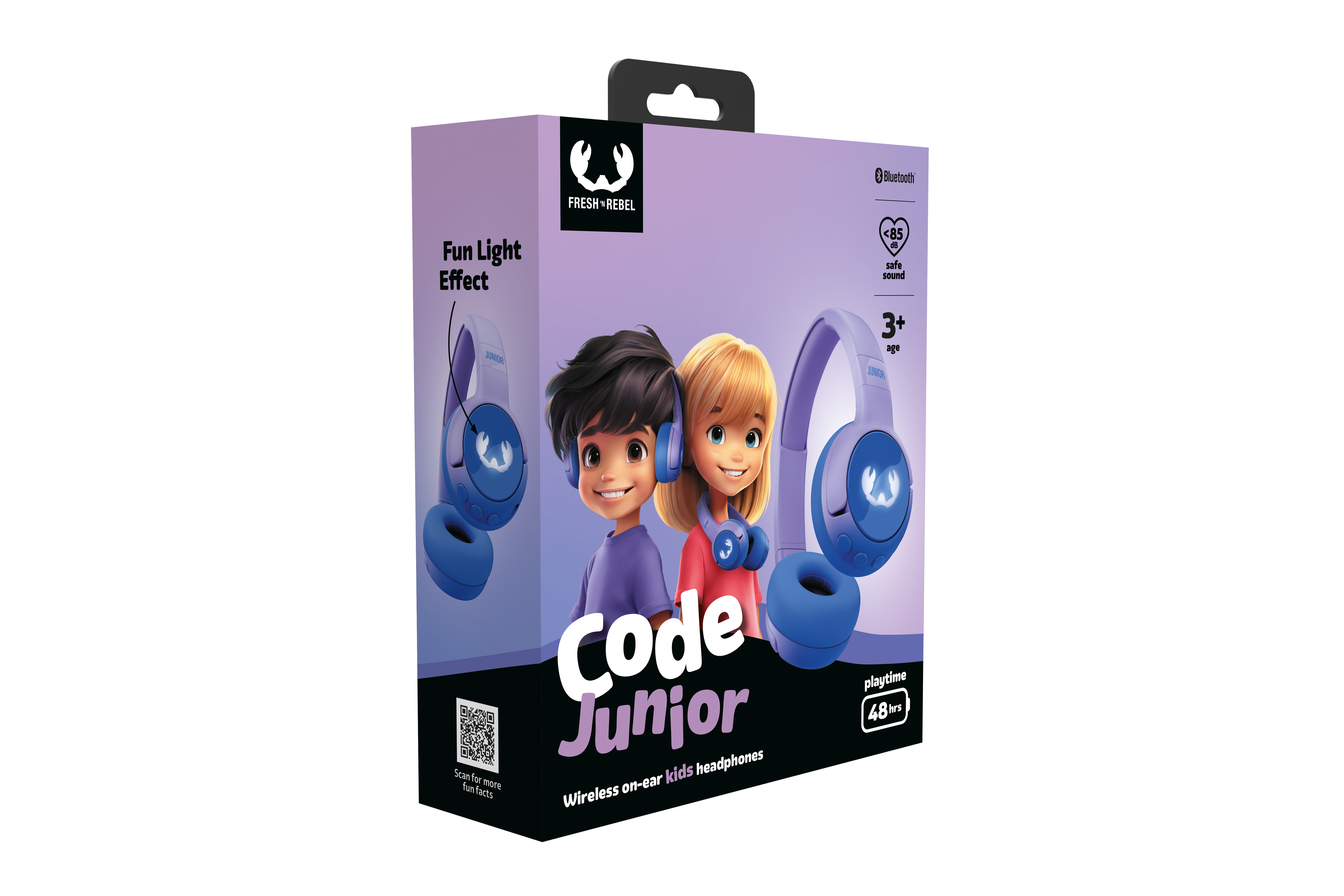 Kutuda mavi kulaklıklar, iki çocuk ve Code Junior yazısı var. Ayrıca Bluetooth ve 3+ yaş bilgisi içerir.