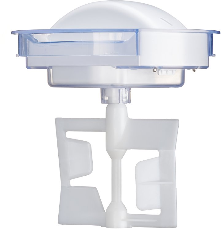 Biała maszyna do lodów z przezroczystym plastikowym pojemnikiem i ostrzami. Góra ma kształt białej kopuły.