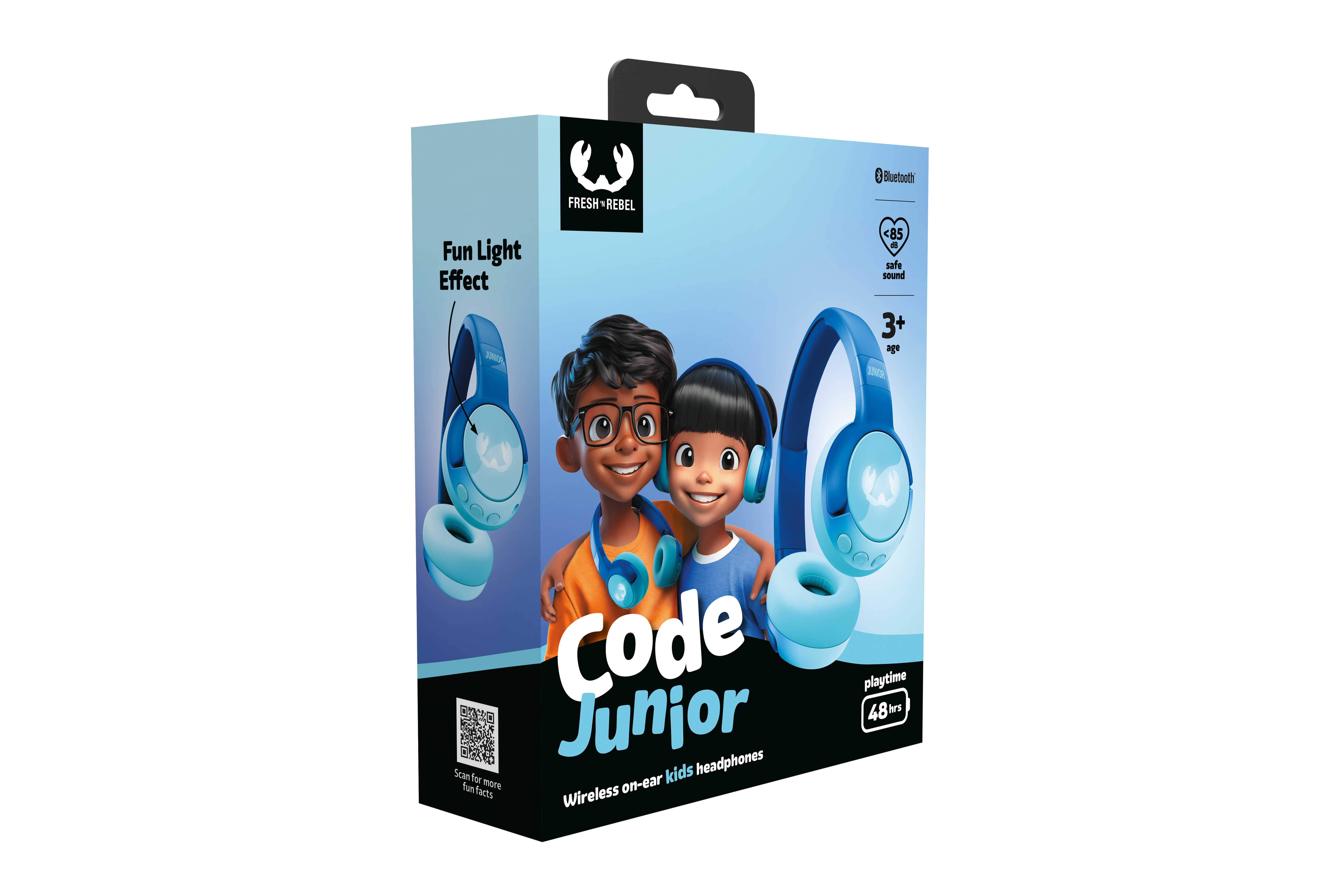 Çocuk kulaklığı kutusu. İki çizgi film karakteri, mavi kulaklıklar ve Code Junior, Kablosuz kulak üstü çocuk kulaklıkları metni içerir.