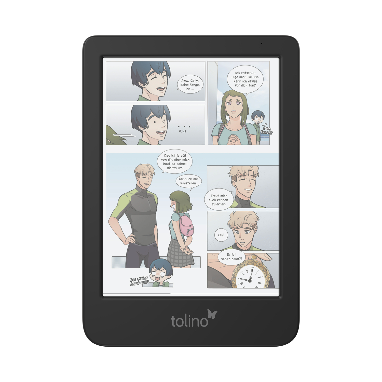 Ein E-Reader zeigt einen Comic. Der Comic zeigt verschiedene Panels mit Charakteren in Dialogen. Der E-Reader ist schwarz mit dem Logo 'tolino'.