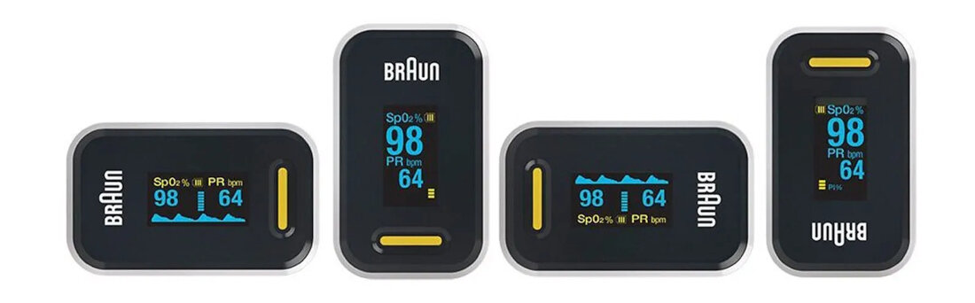 Cztery pulsoksymetry Braun z czarnymi ekranami wyświetlającymi wartości SpO2 i PR. Urządzenia pokazują 98 i 64.