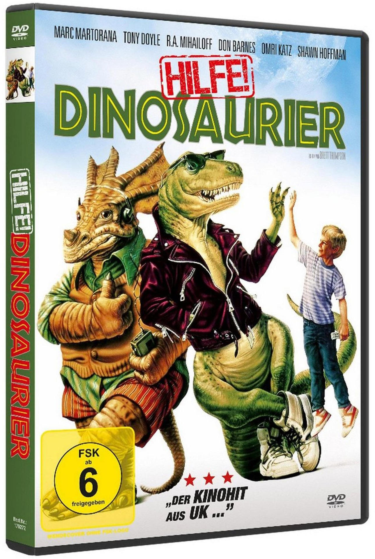 DVD-Cover: Dinosaurier mit menschlichen Kleidern und einem Jungen. Titel: Hilfe! Dinosaurier. Dinosaurier tragen Sonnenbrillen und Jacken.