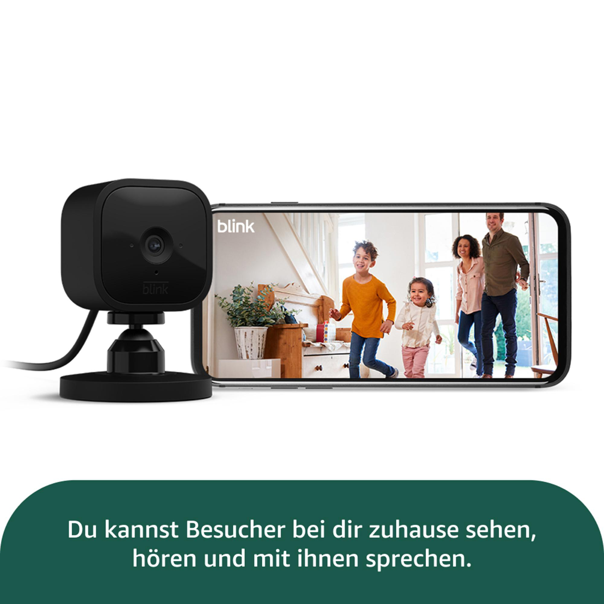 Eine schwarze Überwachungskamera neben einem Smartphone, das eine Familie zeigt. Grünes Banner mit Text unten.
