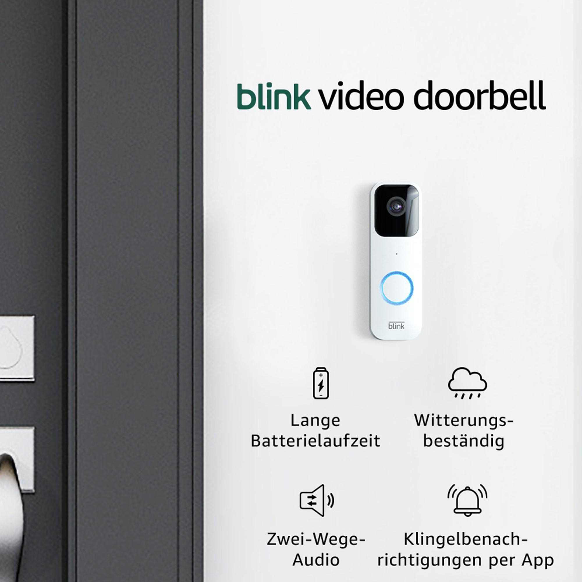 Weiße Blink-Video-Türklingel an weißer Wand. Merkmale: lange Akkulaufzeit, Wetterbeständigkeit, Zwei-Wege-Audio.