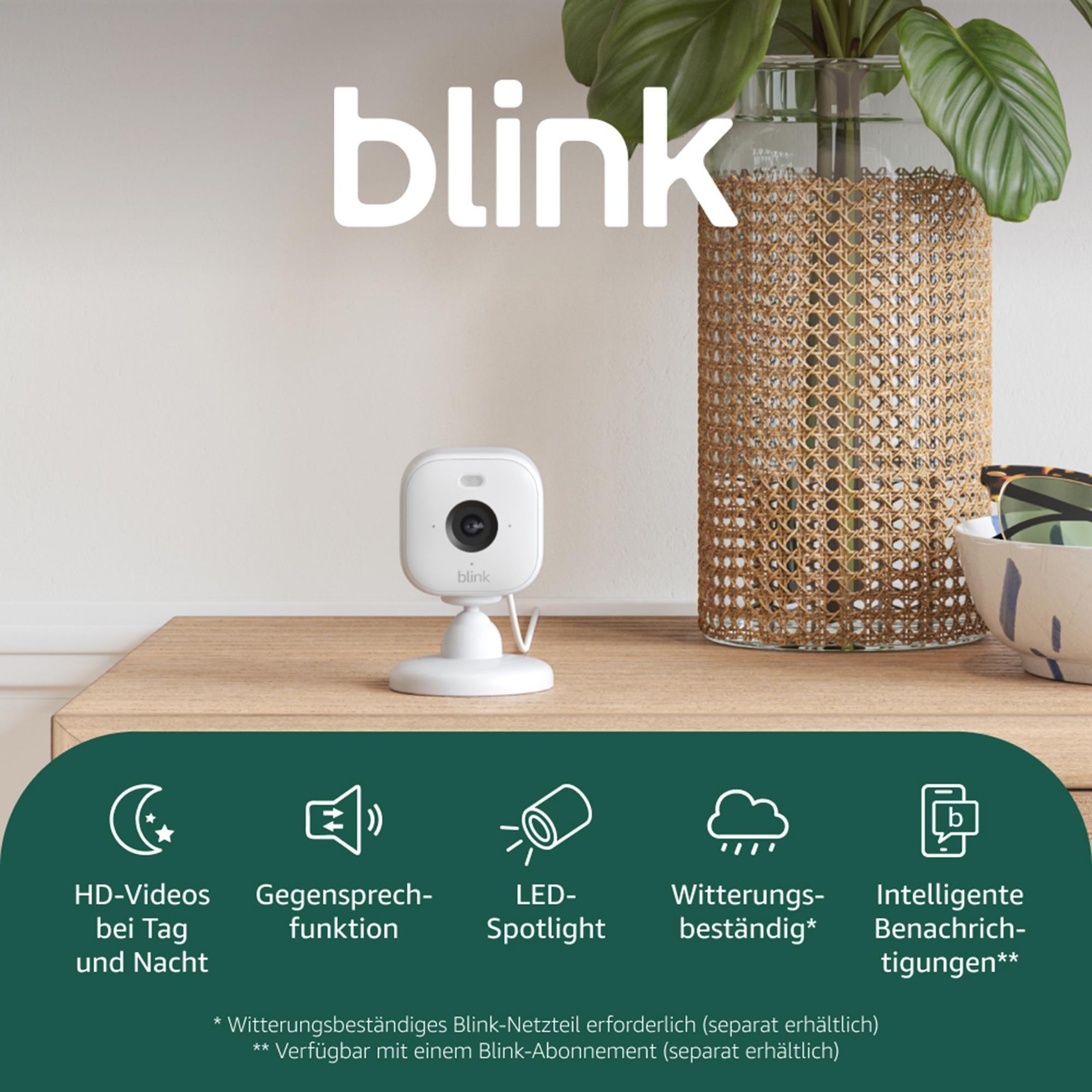 Eine weiße Überwachungskamera steht auf einer Holzoberfläche. Dahinter steht eine Pflanze in einer Glasvase. Das Logo 'blink' ist oben.