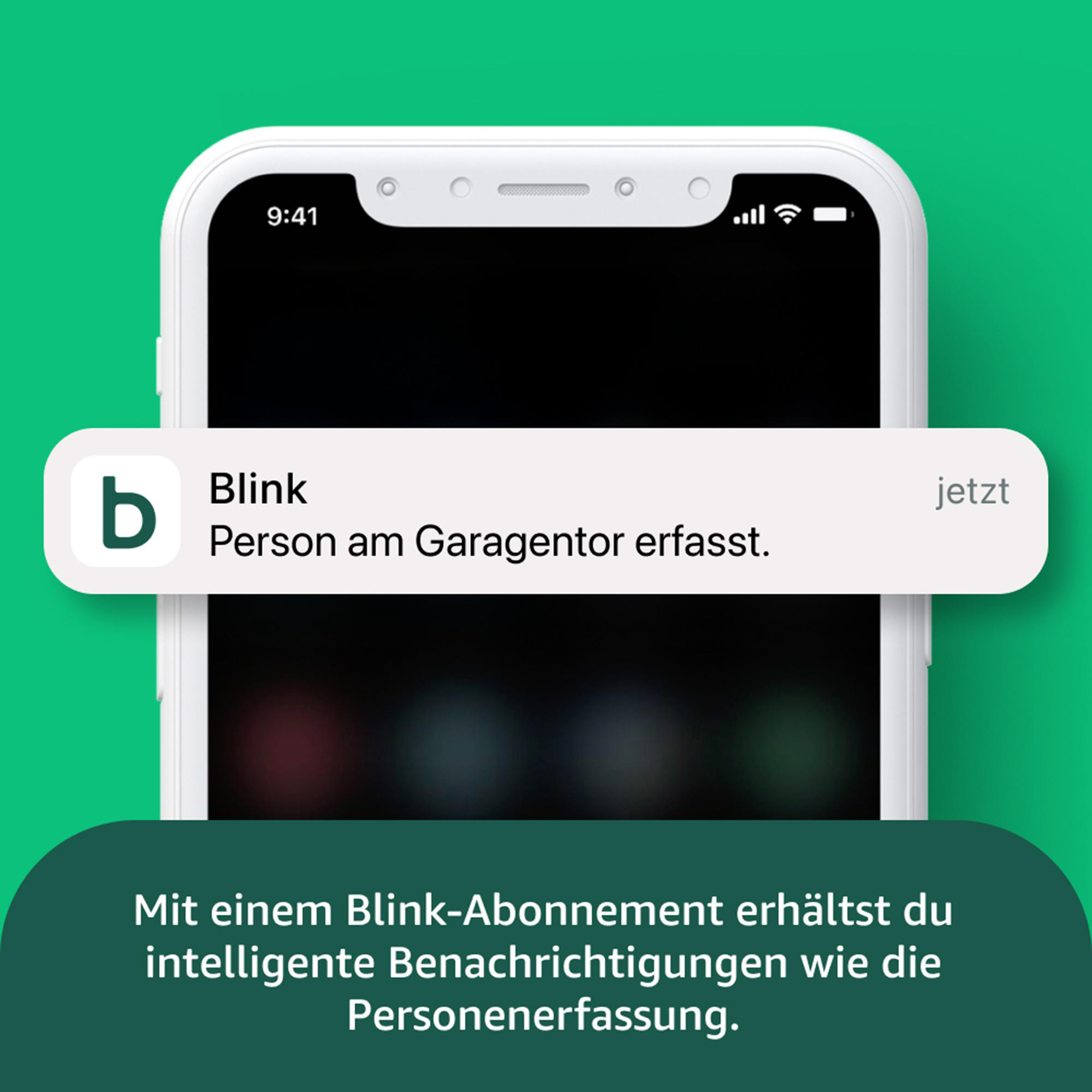 Ein Telefon zeigt eine Blink-Benachrichtigung: Person am Garagentor erkannt. Grüner Hintergrund mit Blink-Funktionstext.