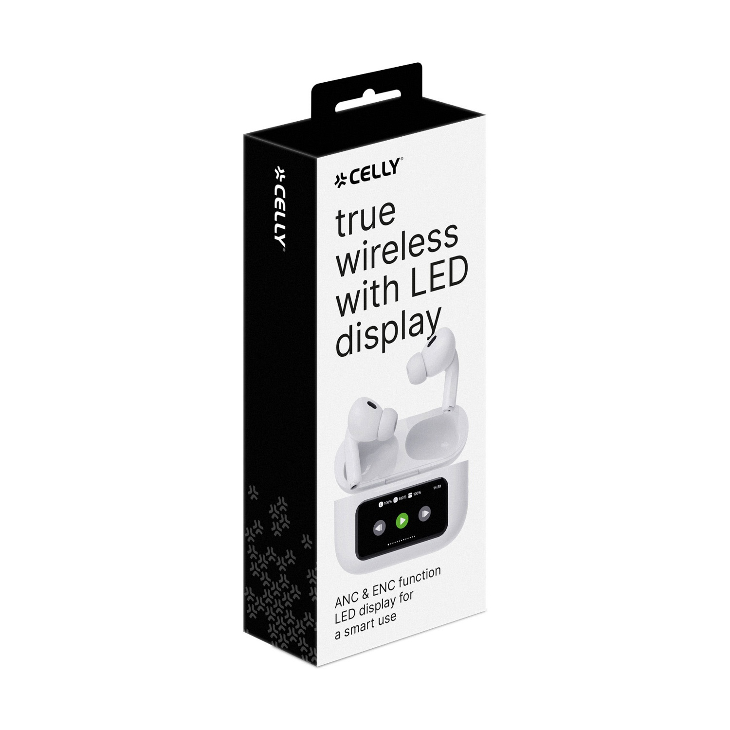 Scatola di auricolari wireless Celly con display LED. Auricolari bianchi in una custodia di ricarica. Testo: Funzione ANC e ENC, display LED per un utilizzo intelligente.