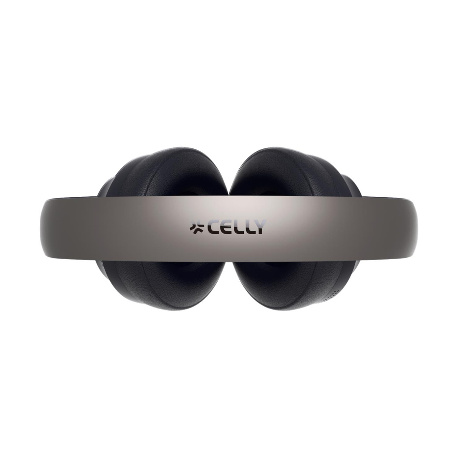 Cuffie over-ear. Padiglioni neri con fascia argentata. Il marchio 'CELLY' è visibile sulla fascia. Sfondo bianco.