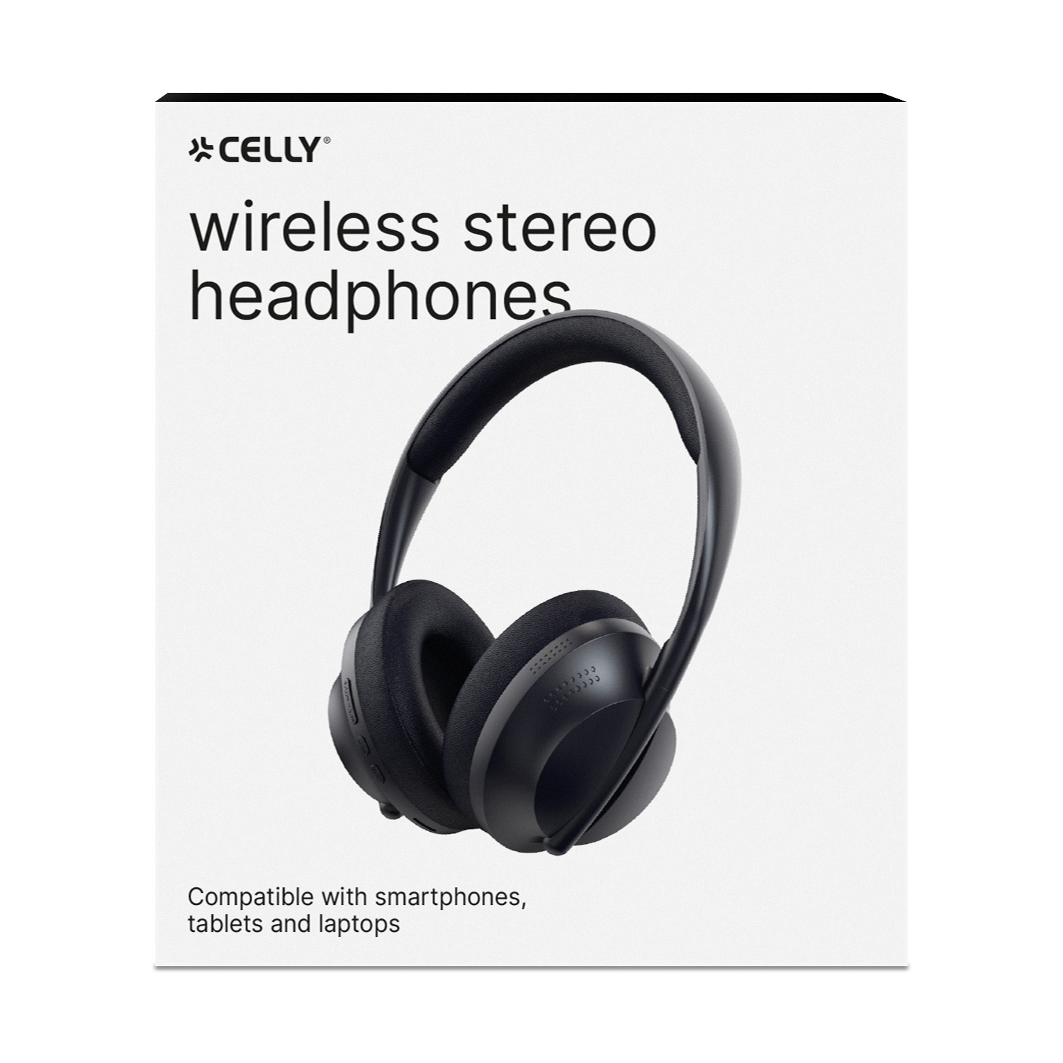 Cuffie stereo wireless nere su sfondo bianco. Il testo recita 'CELLY' e 'Compatibile con smartphone, tablet e laptop'.