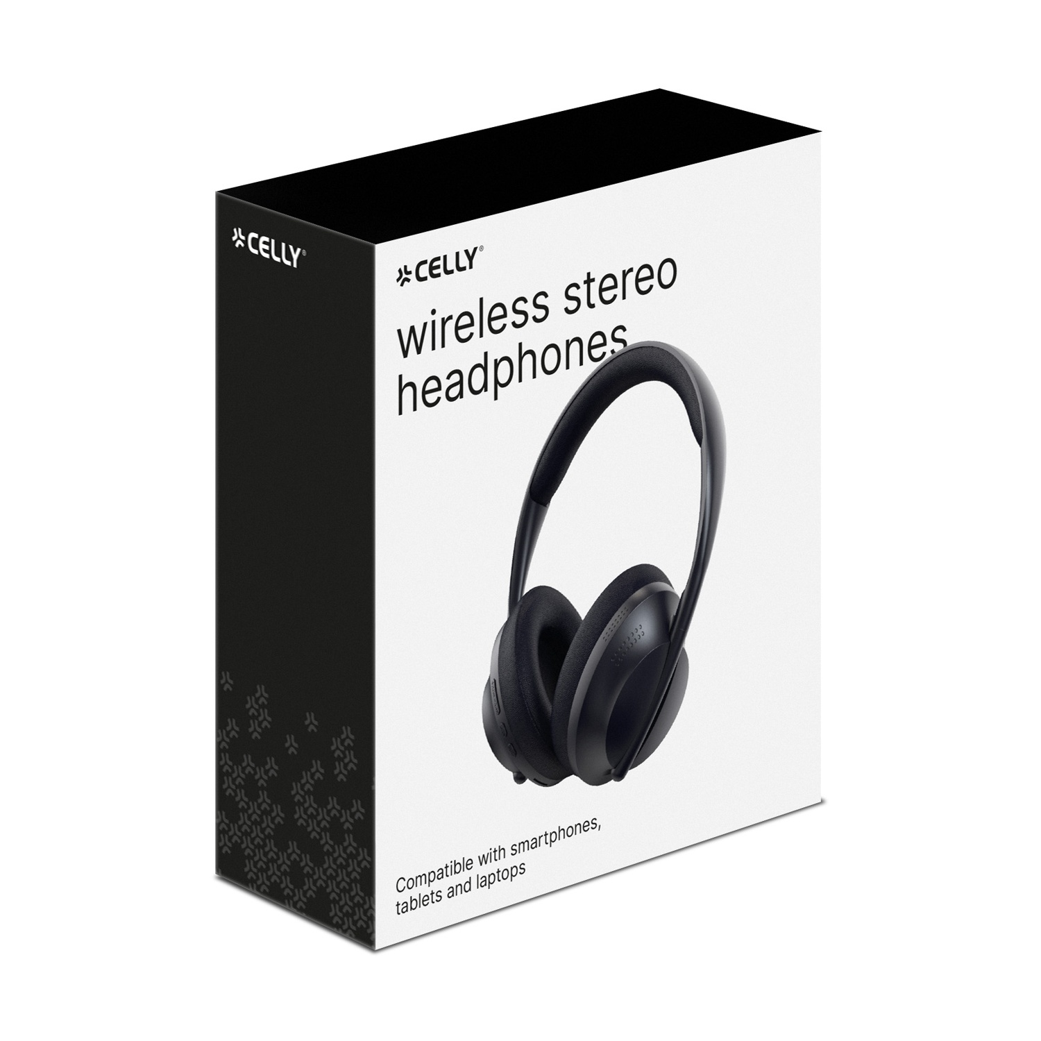 Una scatola bianca di cuffie stereo wireless, di colore nero. Il marchio è Celly. Compatibile con smartphone, tablet e laptop.