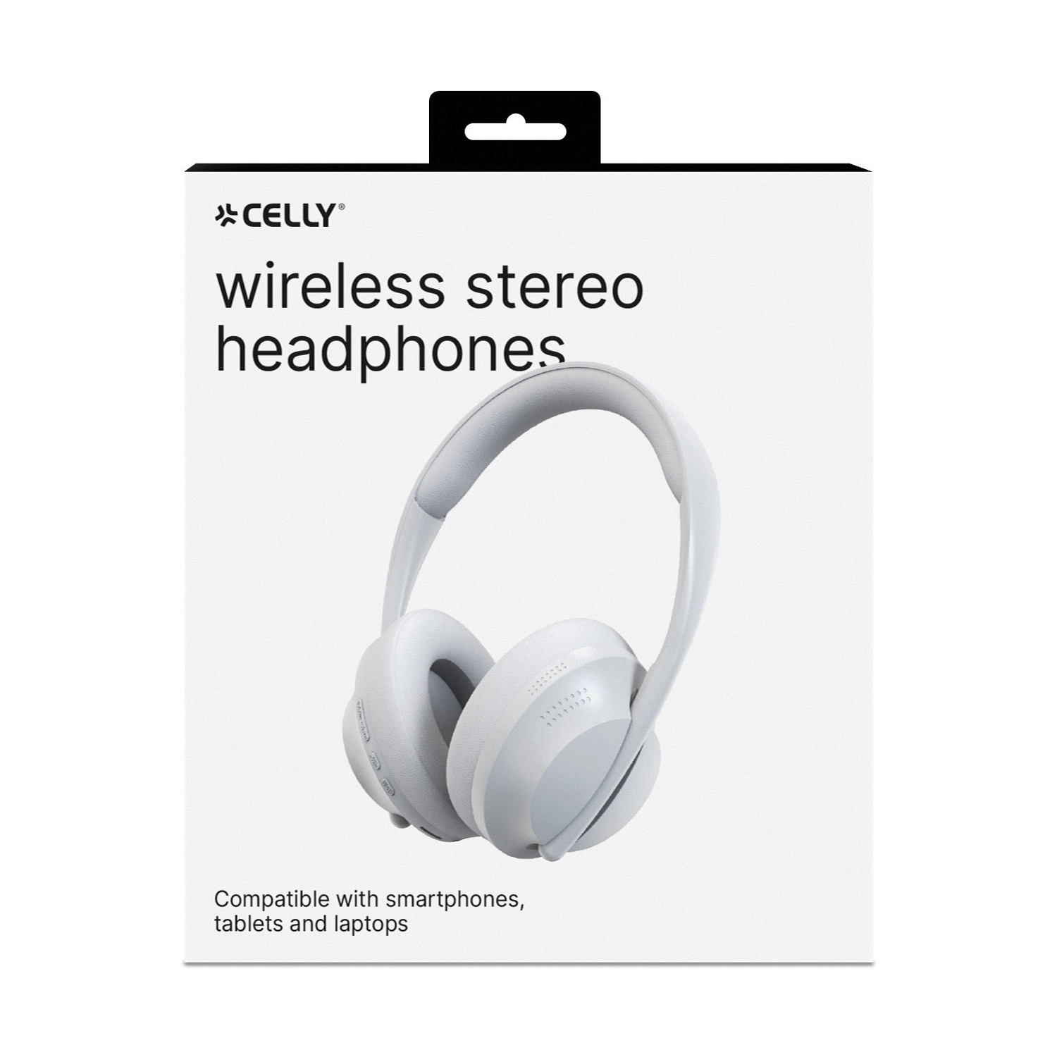 Cuffie stereo wireless bianche su una scatola bianca. Il testo dice 'cuffie stereo wireless' e 'Compatibile con smartphone, tablet e laptop'.
