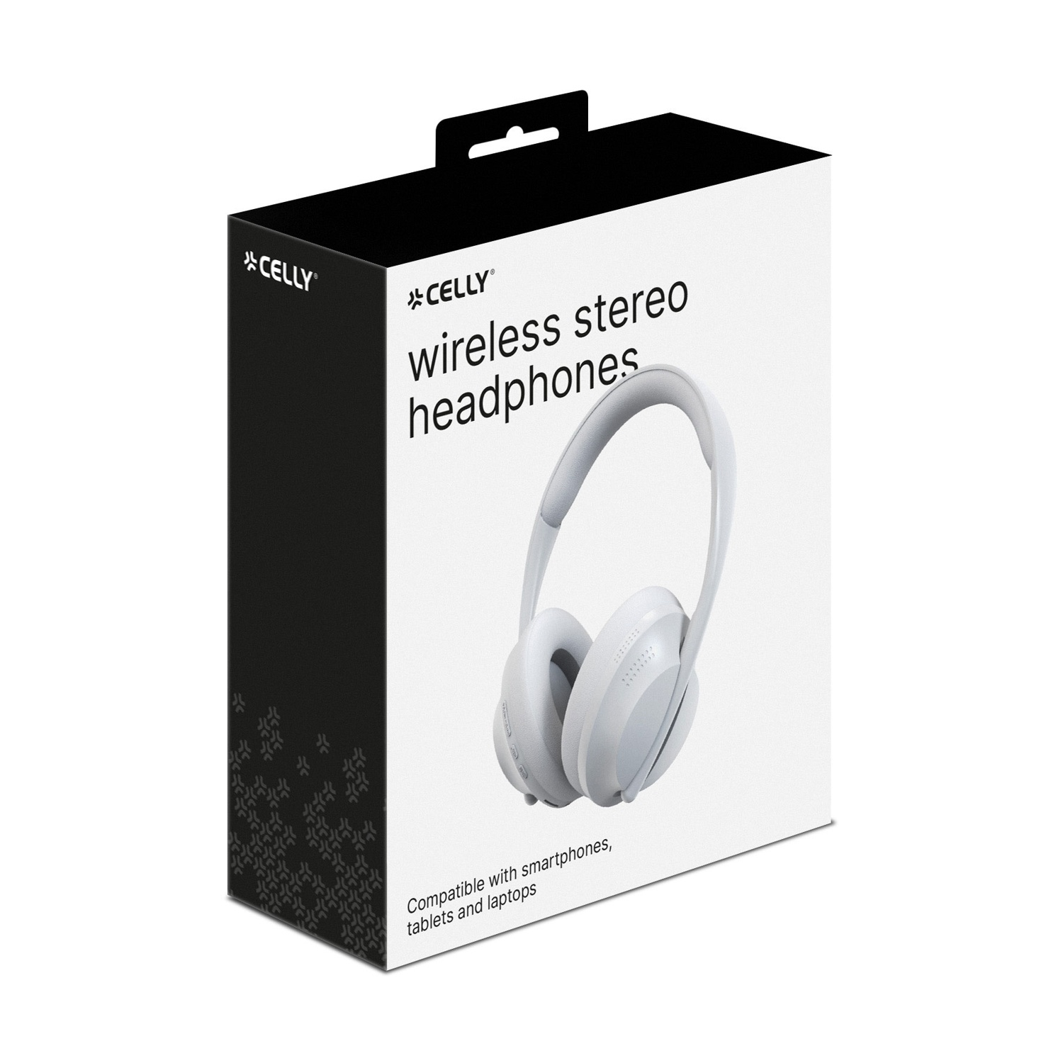 Una scatola bianca con cuffie stereo wireless. La scatola presenta il logo e il testo Celly. Le cuffie sono bianche.
