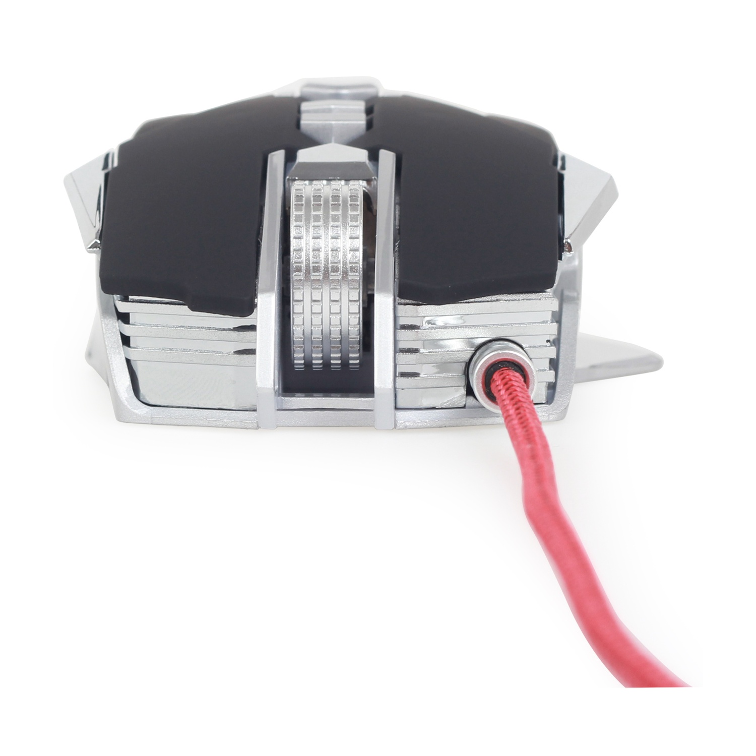 Un mouse per computer con la parte superiore nera e i lati argentati è mostrato. Un cavo rosso si estende dal mouse.