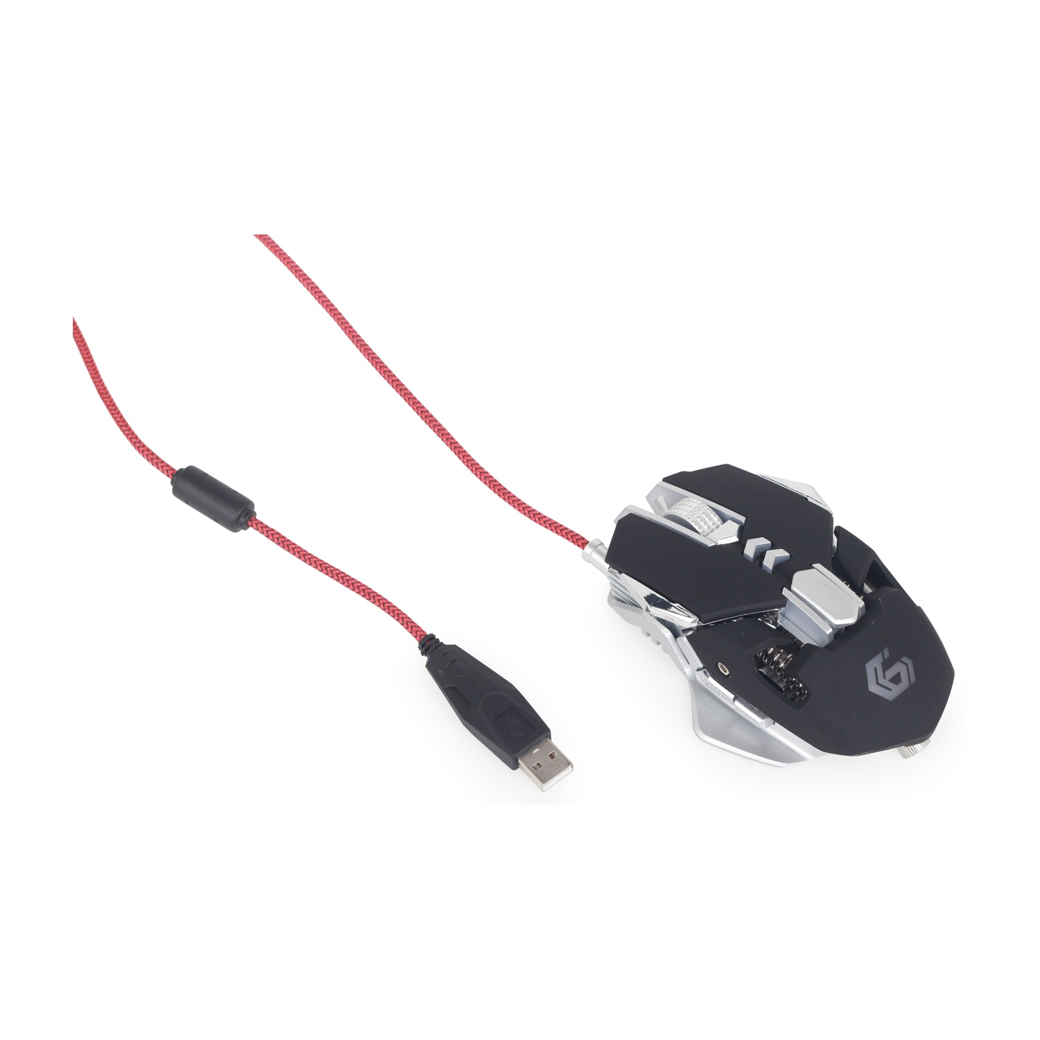 Un mouse da gioco nero e argento con cavo intrecciato rosso e connettore USB, isolato su sfondo bianco.