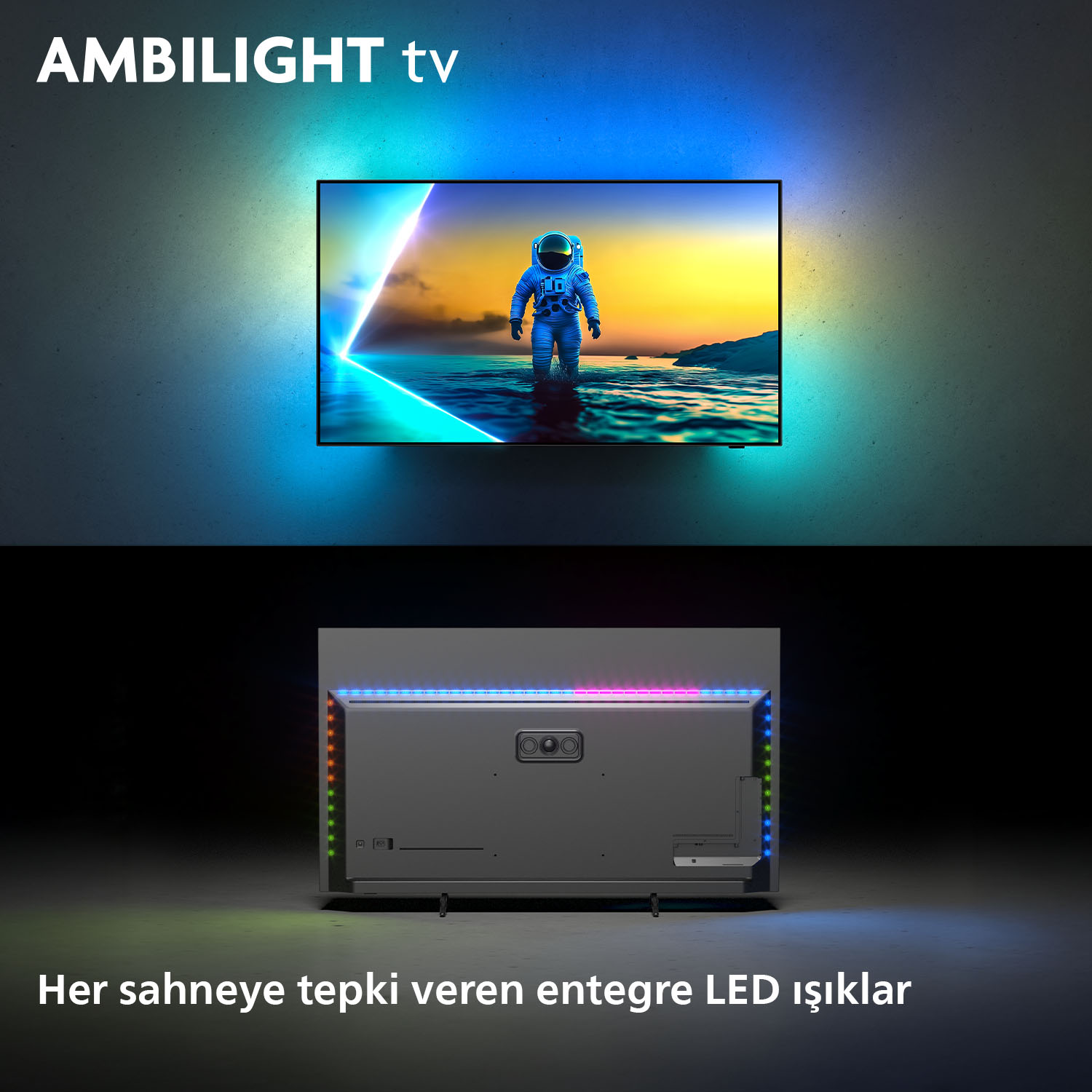 Bir TV suda bir astronot gösteriyor. TV'de Ambilight var. Arkası entegre LED ışıkları gösteriyor.