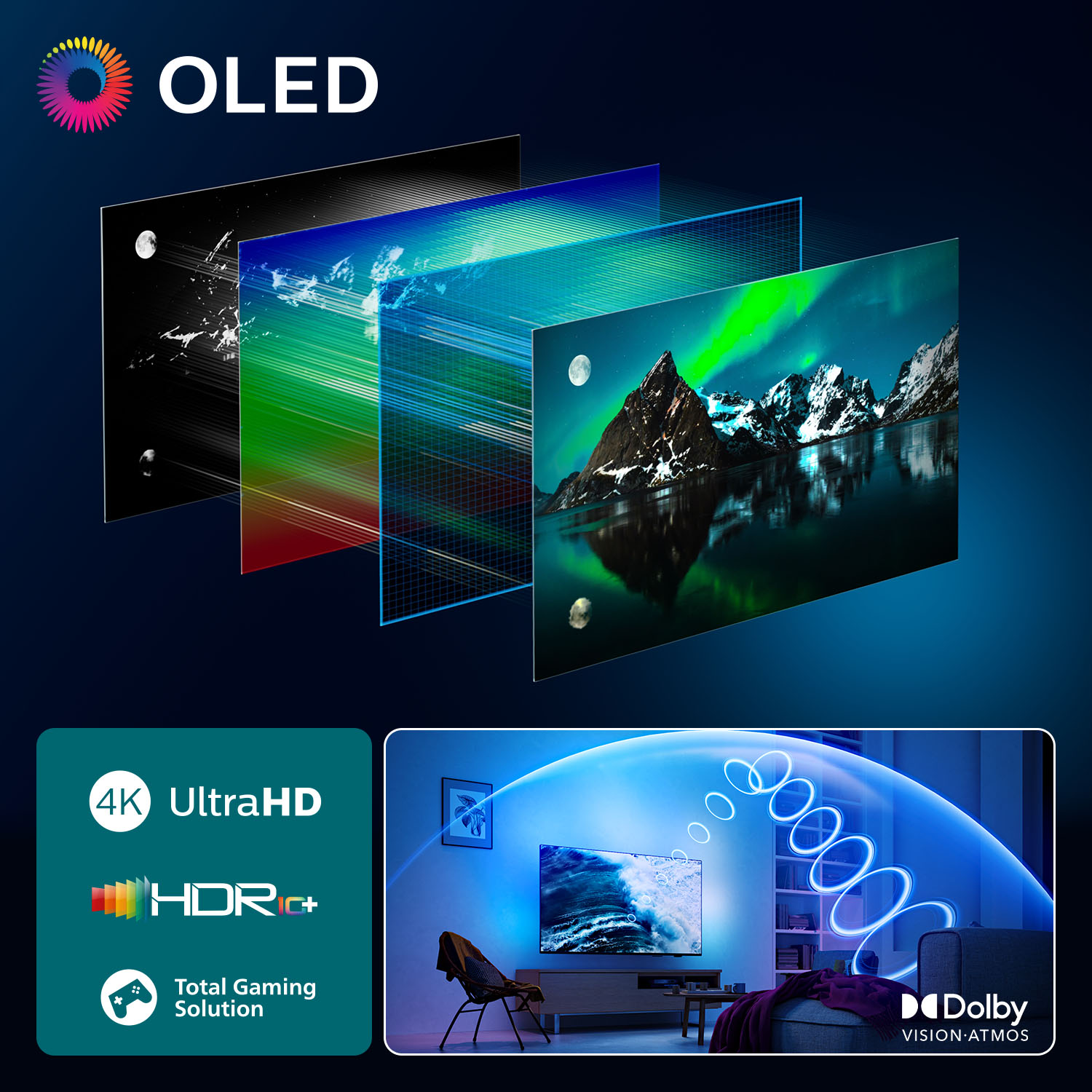 Manzara görünümüne sahip OLED TV katmanları, 4K Ultra HD ve HDRi+ gibi özellikler ve Dolby Vision Atmos öne çıkarılıyor.