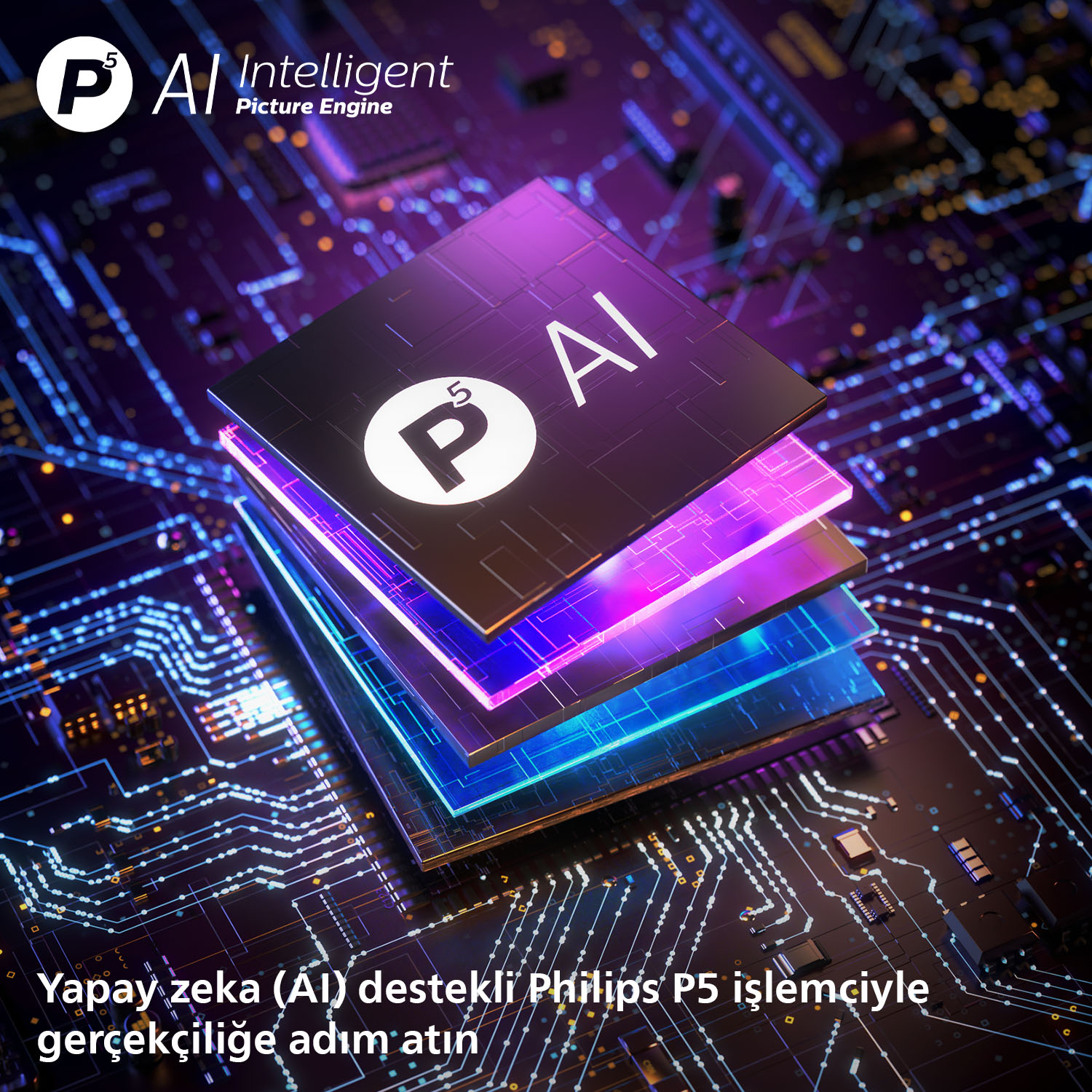 Görüntü, AI ve Philips P5 markalı katmanlı bir işlemciyi gösteriyor. Arka plan, mavi ve mor tonlara sahip bir devre kartıdır.