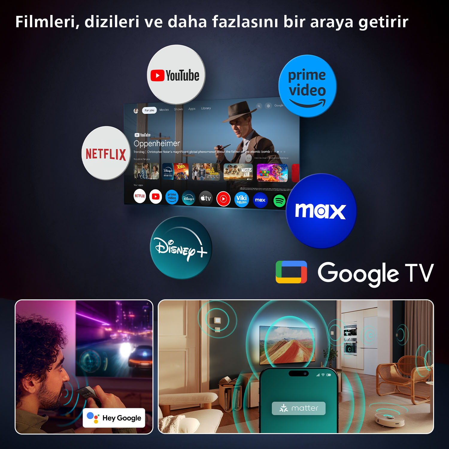 Akıllı TV arayüzü, yayın hizmetlerini gösteriyor. Netflix, YouTube, Prime Video, Disney+ ve Google TV logolarını içerir.