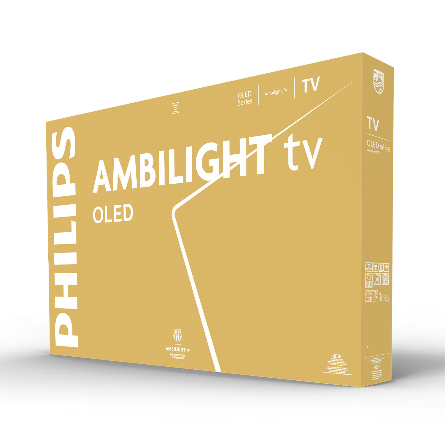 Bir Philips Ambilight OLED TV kutusu. Beyaz metinli altın bir kutu. Kutuda Philips logosu ve FC Barcelona iş ortağı logosu var.