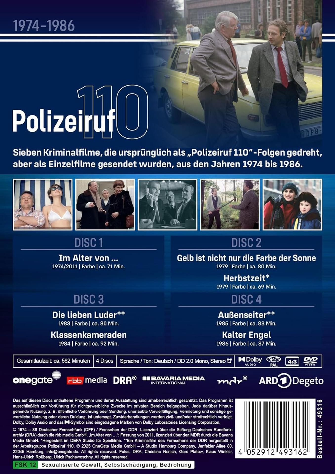 DVD-Cover für Polizeiruf 110. Es zeigt ein Oldtimer und Standbilder der Show. Text enthält die Jahre 1974-1986.