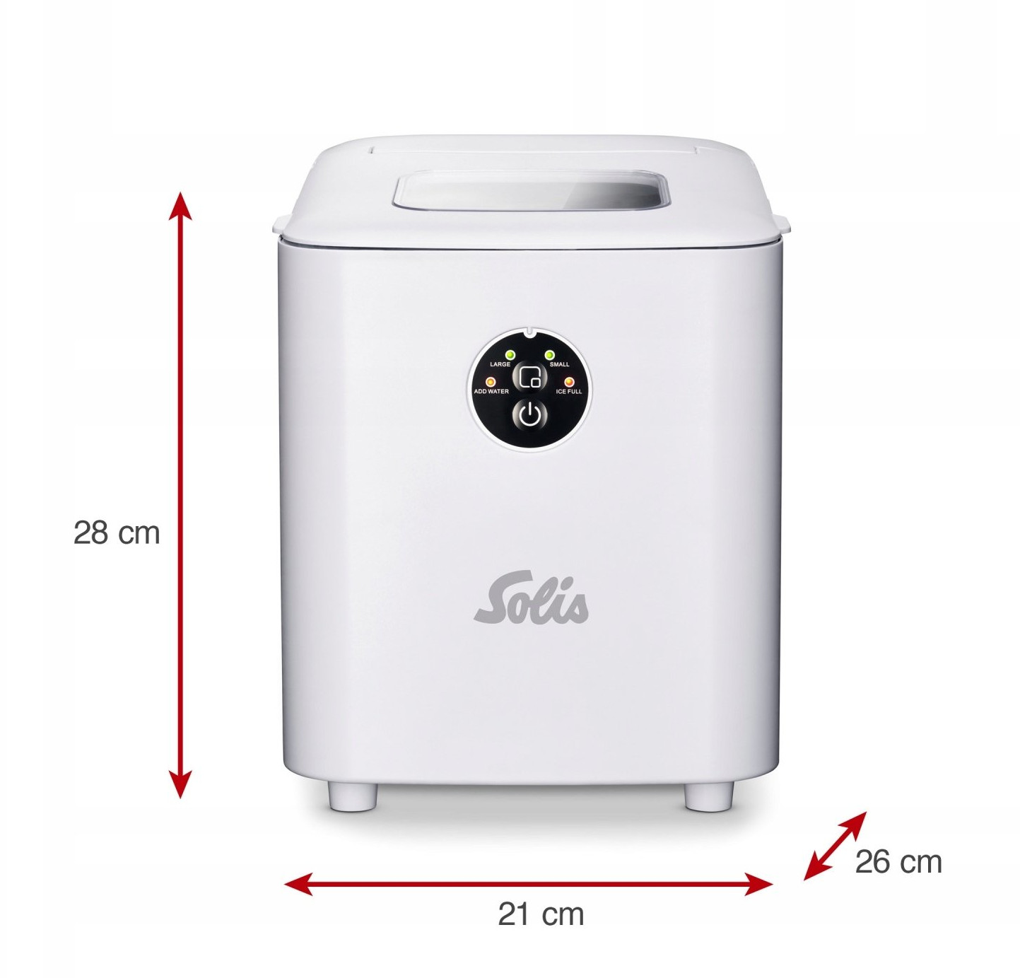 Biała kostkarka do lodu Solis z oznaczonymi wymiarami. Posiada panel sterowania ze światłami i przyciskiem zasilania, na białym tle.