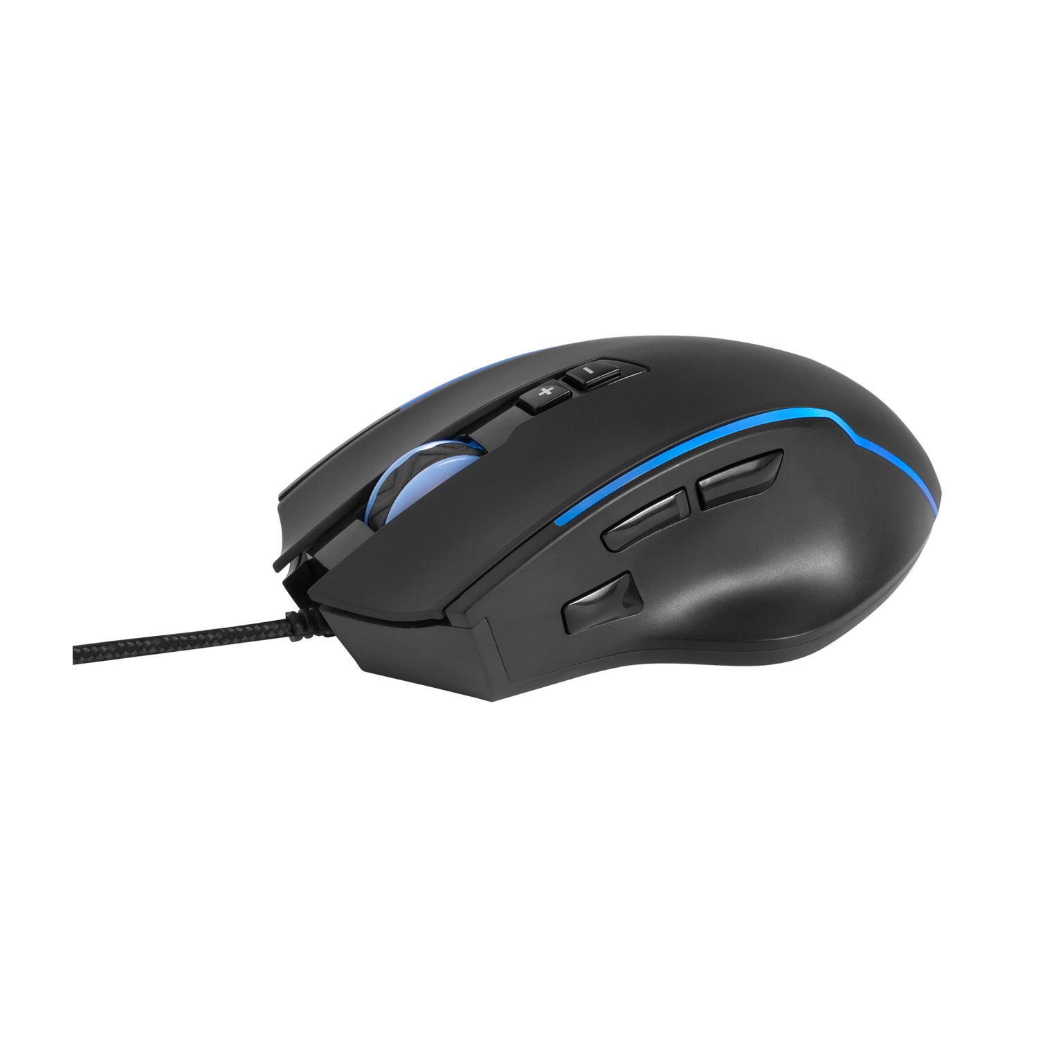 Un mouse da gioco nero con dettagli e pulsanti LED blu, una rotella di scorrimento e un cavo intrecciato, isolato su sfondo bianco.