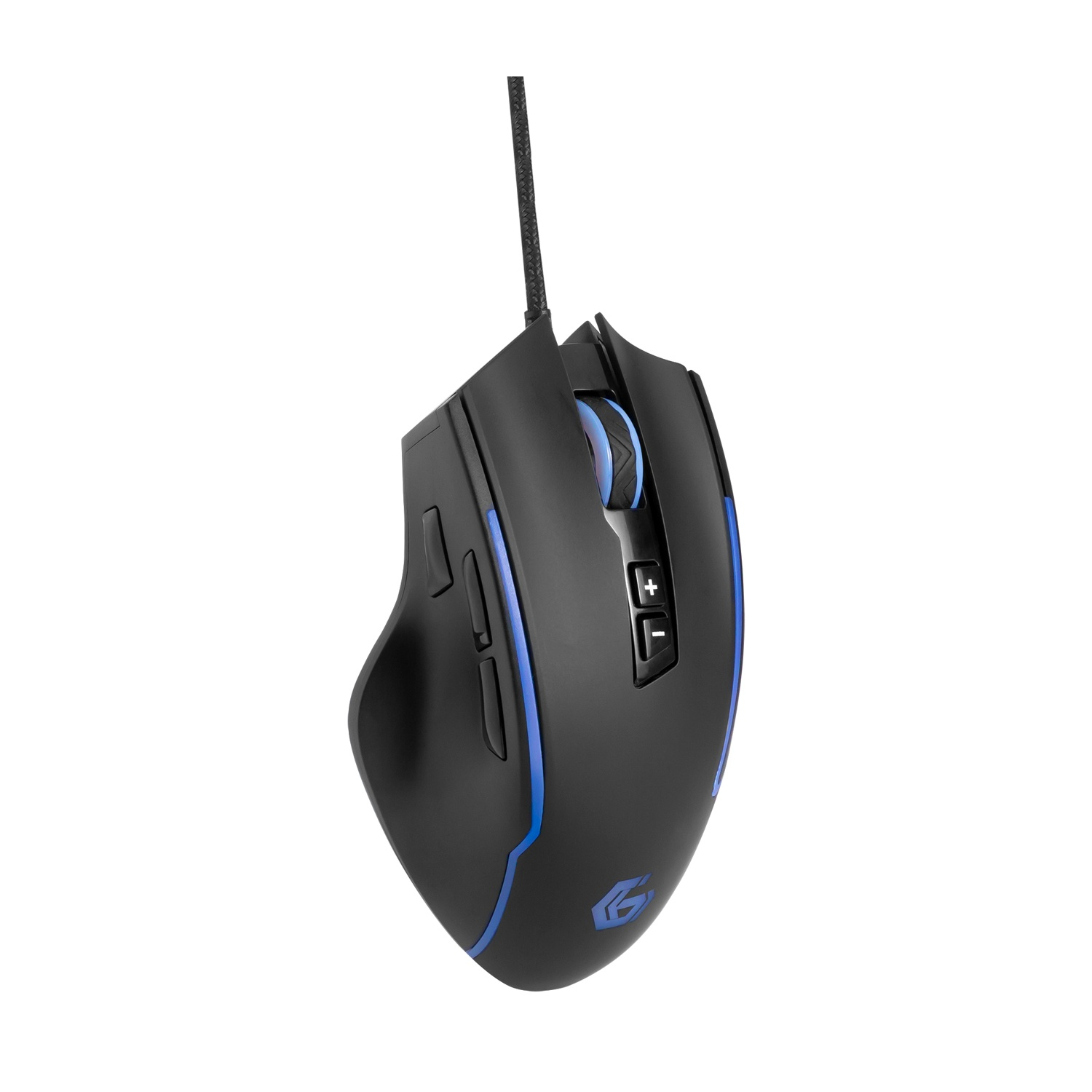 Mouse da gioco nero con dettagli LED blu. Presenta pulsanti e rotella. Cavo intrecciato. Isolato su sfondo bianco.