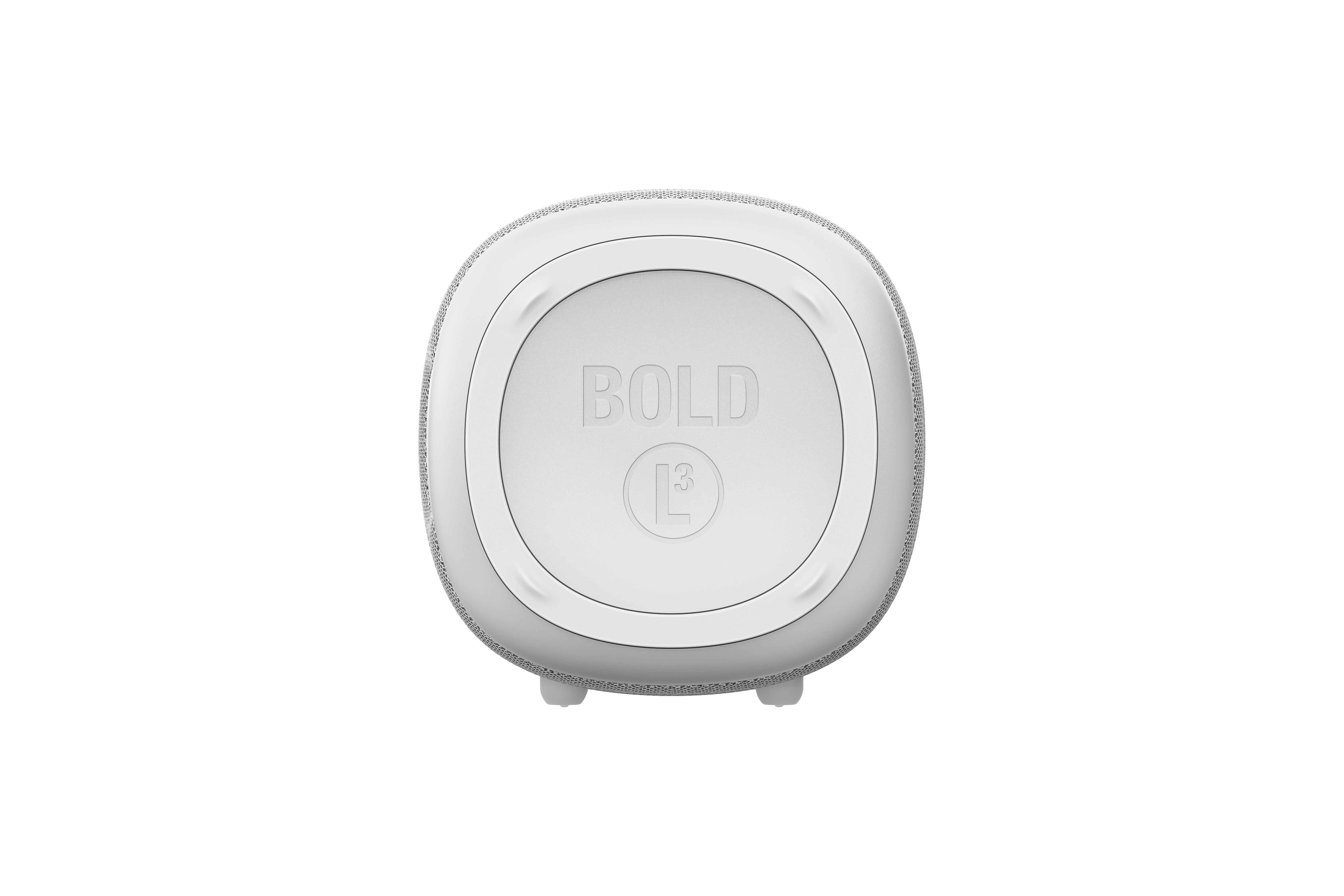 Beyaz, oval hoparlör. Üst kısmında BOLD yazısı ve bir logo bulunan beyaz bir daire bulunmaktadır. Çevresinde gri kumaş vardır.
