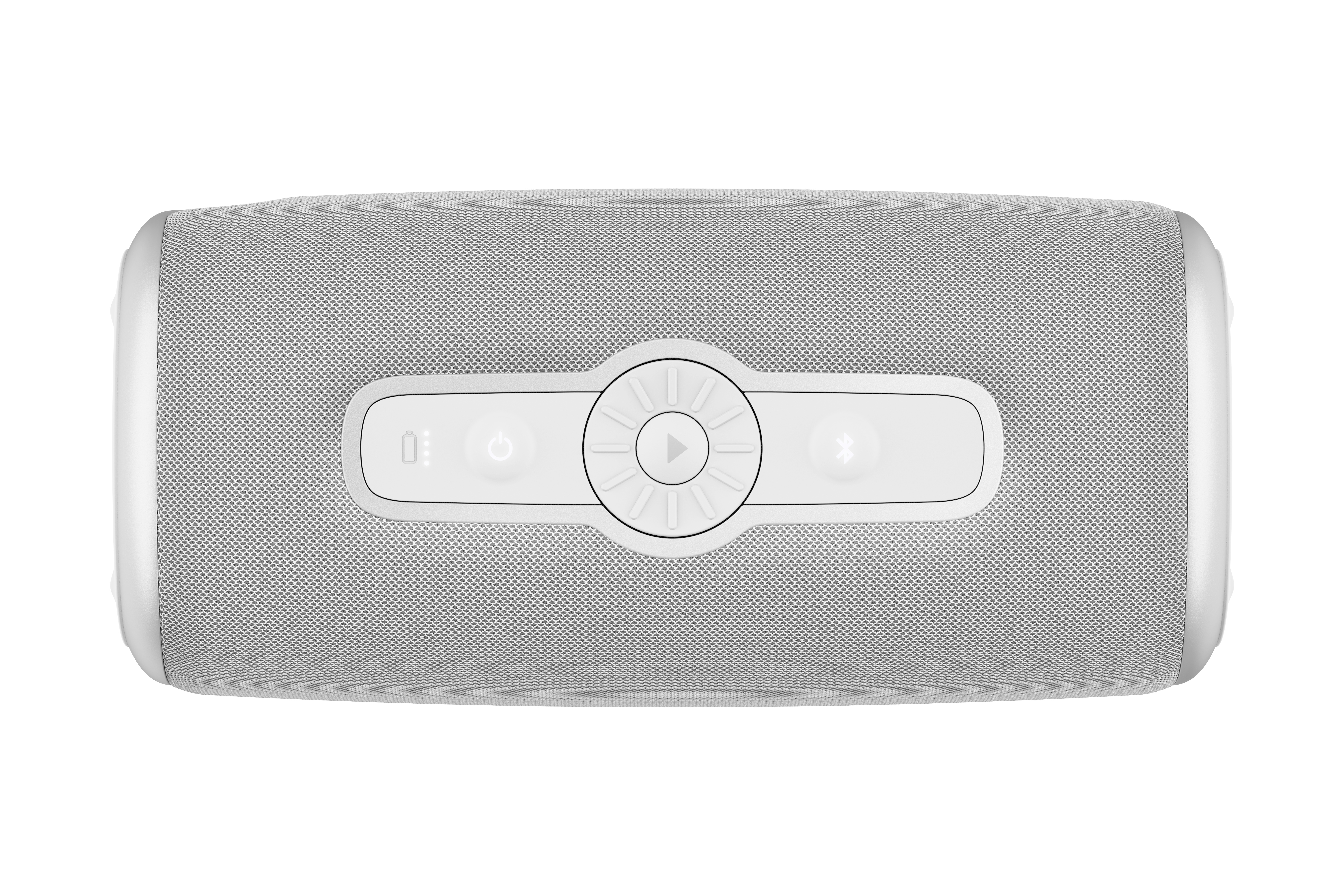 Örgü ön yüzlü beyaz bir hoparlör. Güç, ses ve Bluetooth için kontrol düğmeleri vardır.