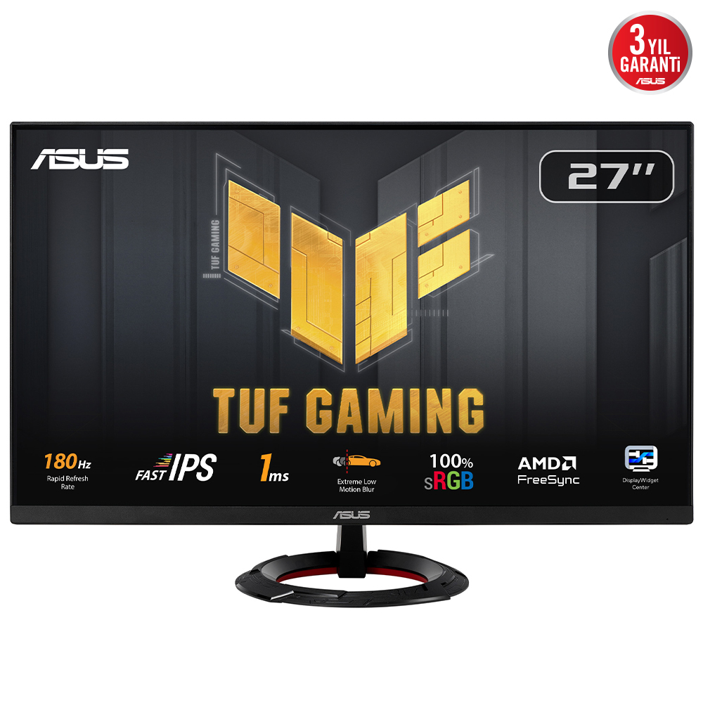 ASUS TUF Gaming monitör. Siyah çerçeve, altın logo, 27 inç ekran. Özellikler: 180Hz yenileme hızı, 1ms tepki süresi ve AMD FreeSync.