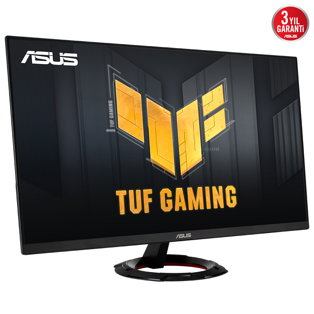 ASUS TUF oyun monitörü. Siyah çerçeve, altın logo, metin ve siyah stand. 3 yıl garanti rozeti.