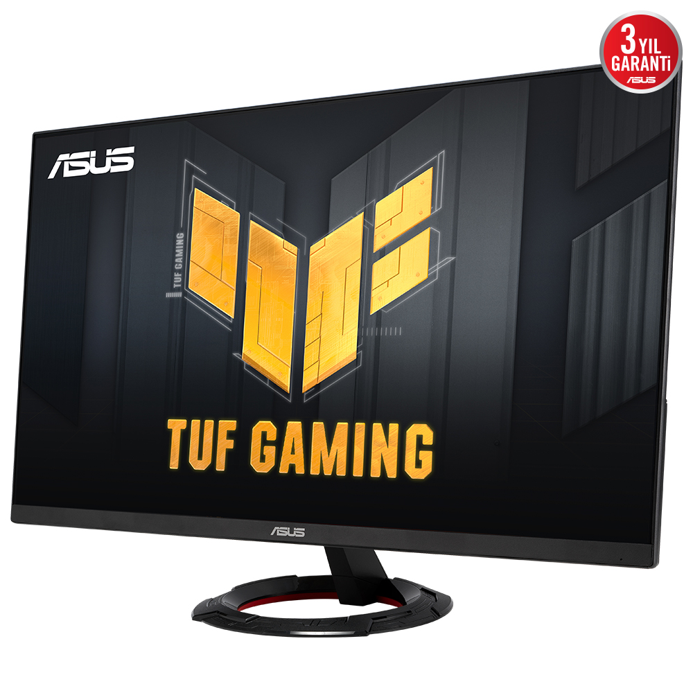 ASUS TUF Gaming monitör. Siyah çerçeve, siyah ekranda sarı logo. Tabanında kırmızı halka. Sağ üstte 3 yıl garanti etiketi.