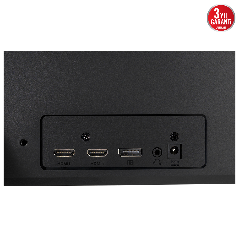 Siyah bir monitörün arka paneli, HDMI bağlantı noktaları, ses jakı ve güç girişi. Sağ üst köşede garanti rozeti.