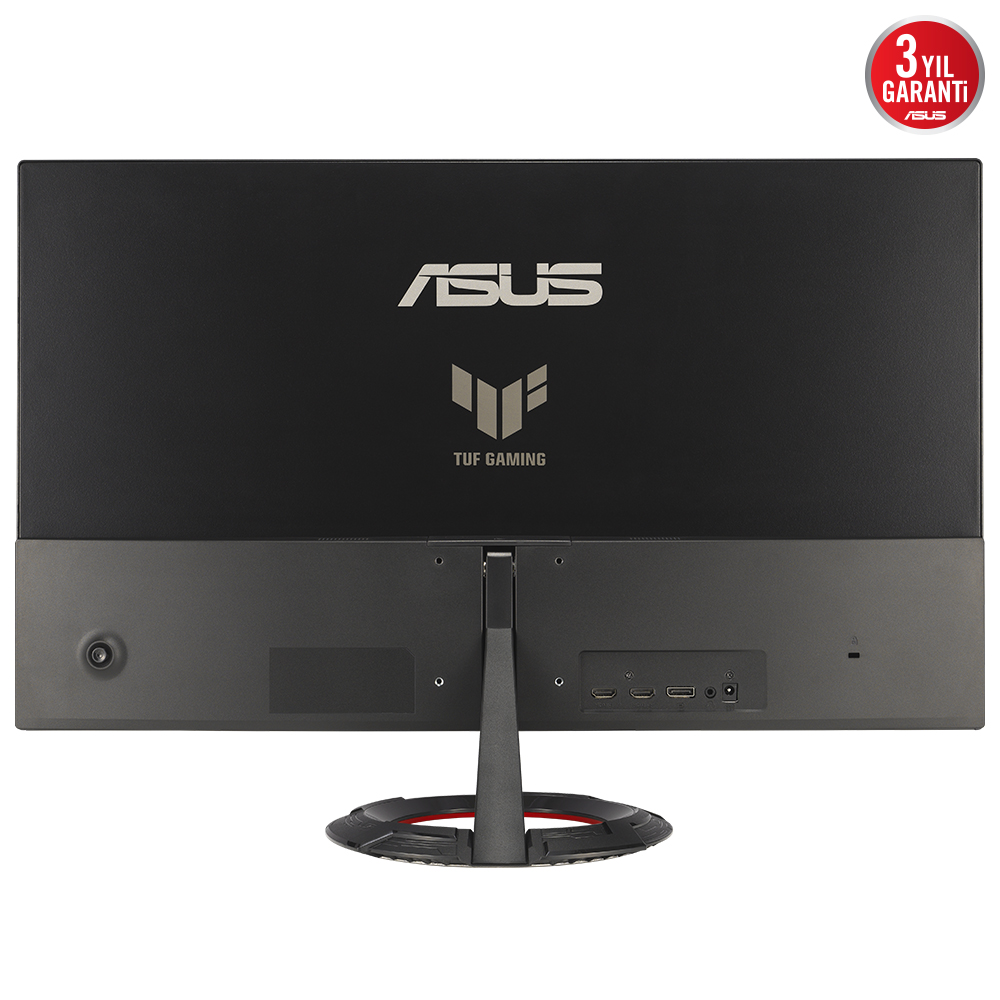 Bir ASUS TUF Gaming monitörünün arkası. Siyah renkte, ASUS ve TUF Gaming logoları var. Stant kırmızı detaylarla çevrelenmiş.