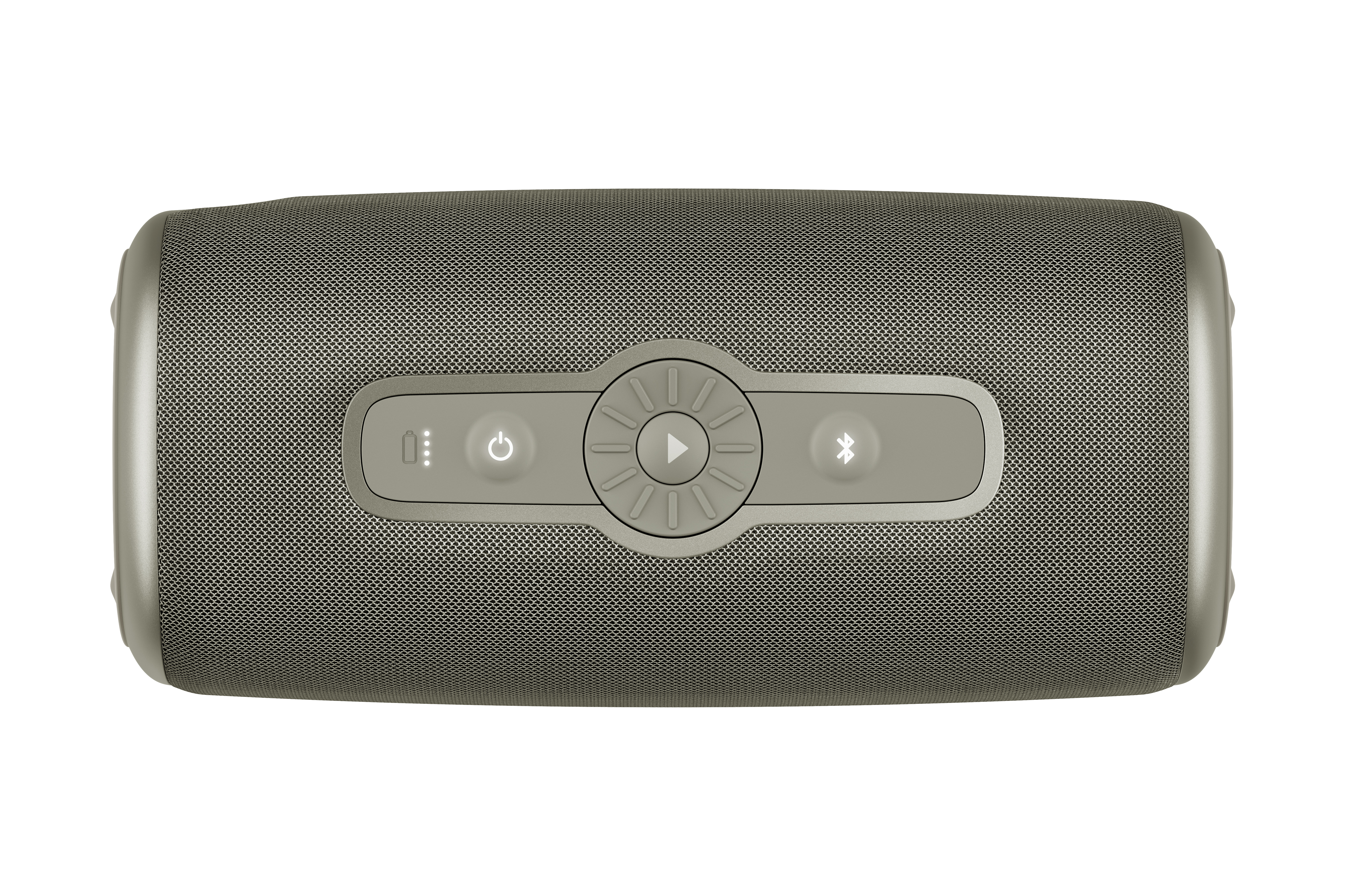 Örgü önlü gri bir hoparlör. Üzerinde güç, oynat/duraklat ve Bluetooth düğmeleri var.