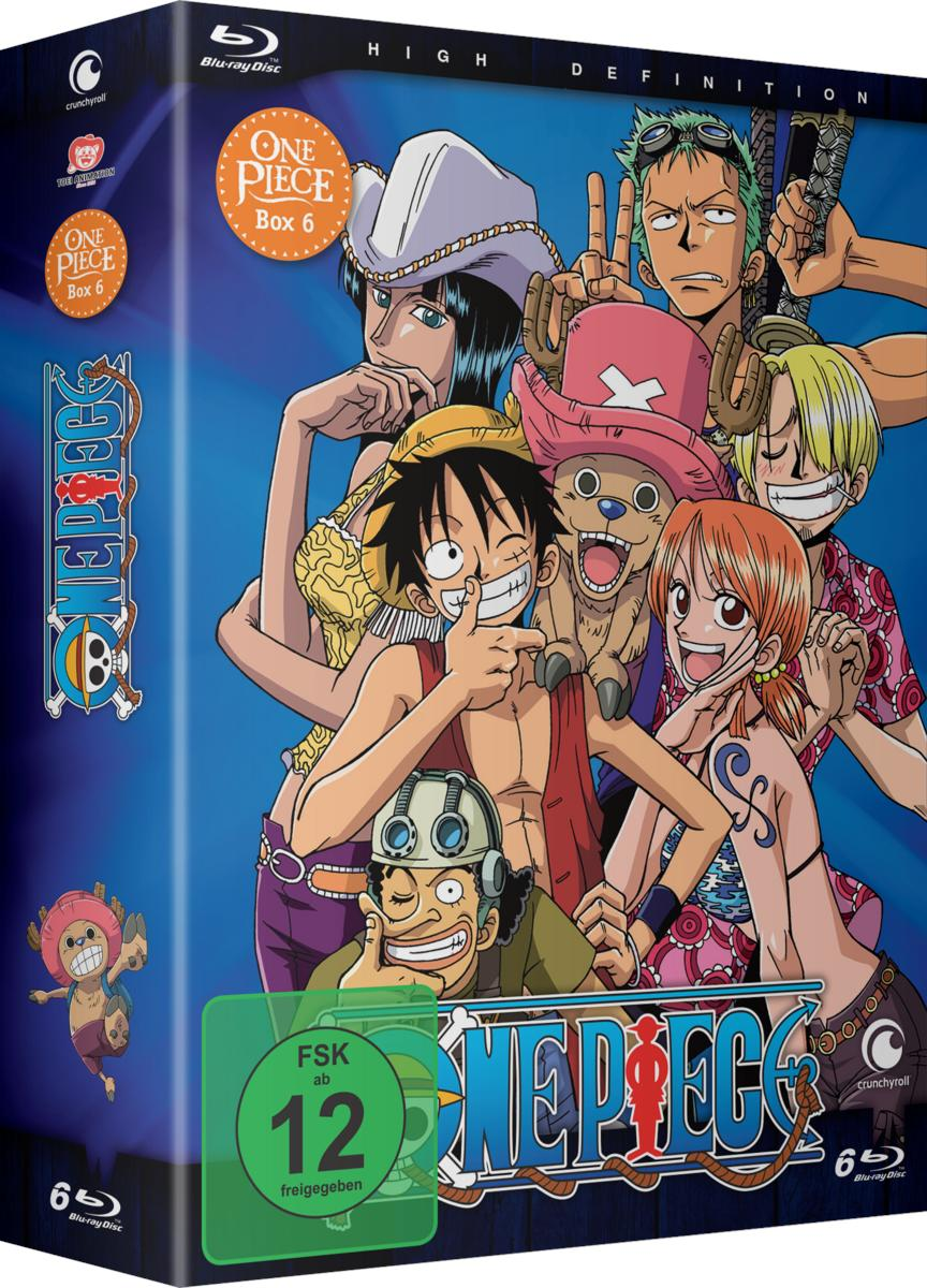 One Piece Box 6 Cover. Luffy und Crew posieren mit Lächeln auf blauem Hintergrund. Das Box-Art hat Anime-Charaktere.
