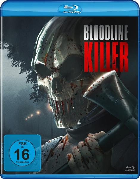 Blu-ray-Cover. Schädelmaskierte Figur mit Axt, Titel "Bloodline Killer". Blutspritzer, ein Bewertungsaufkleber und Straßenlaternen im Hintergrund.