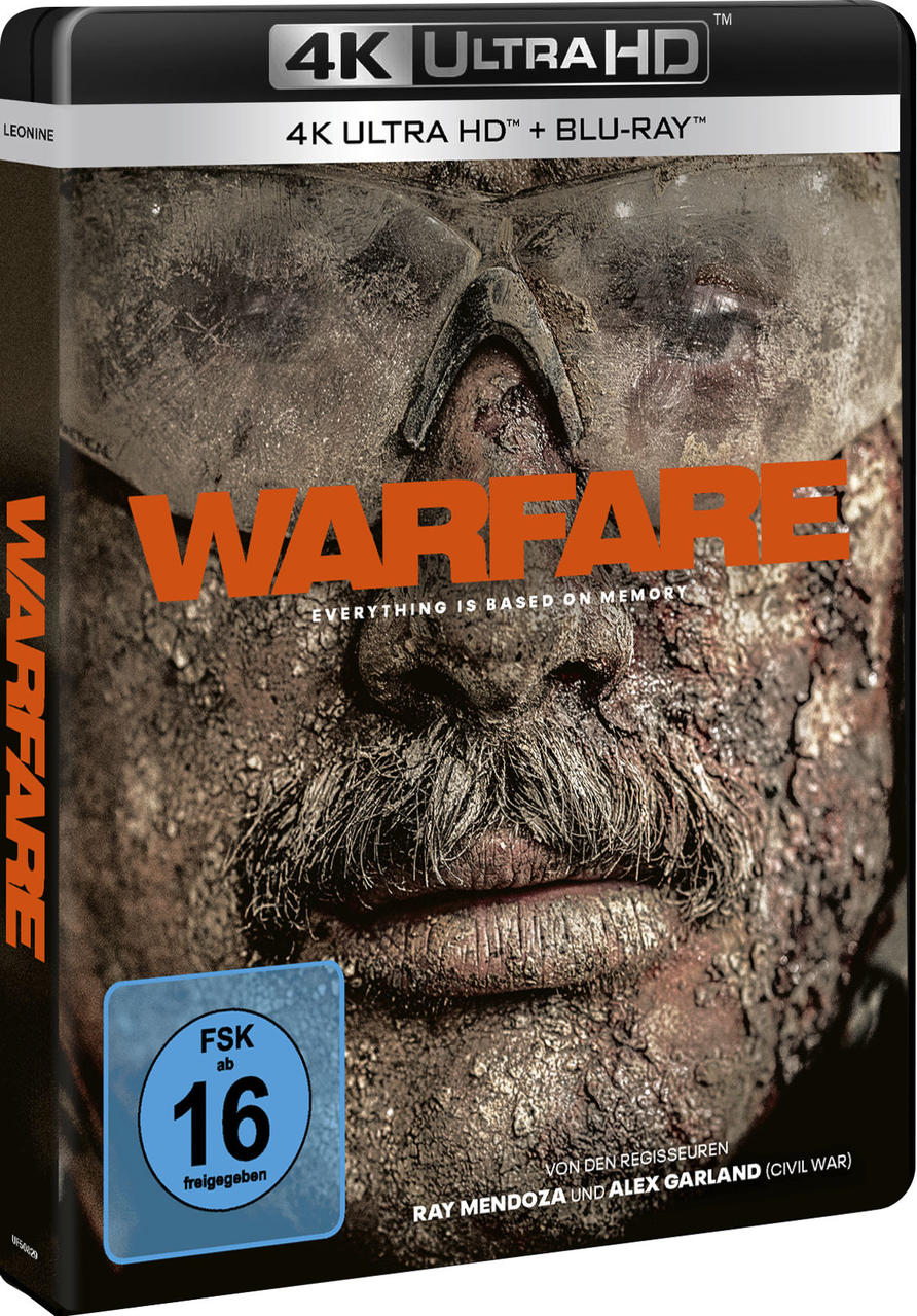 Cover des Films 'Warfare'. Gesicht mit Schlamm bedeckt. Der Titel ist orange und darunter steht: Alles basiert auf Erinnerung.