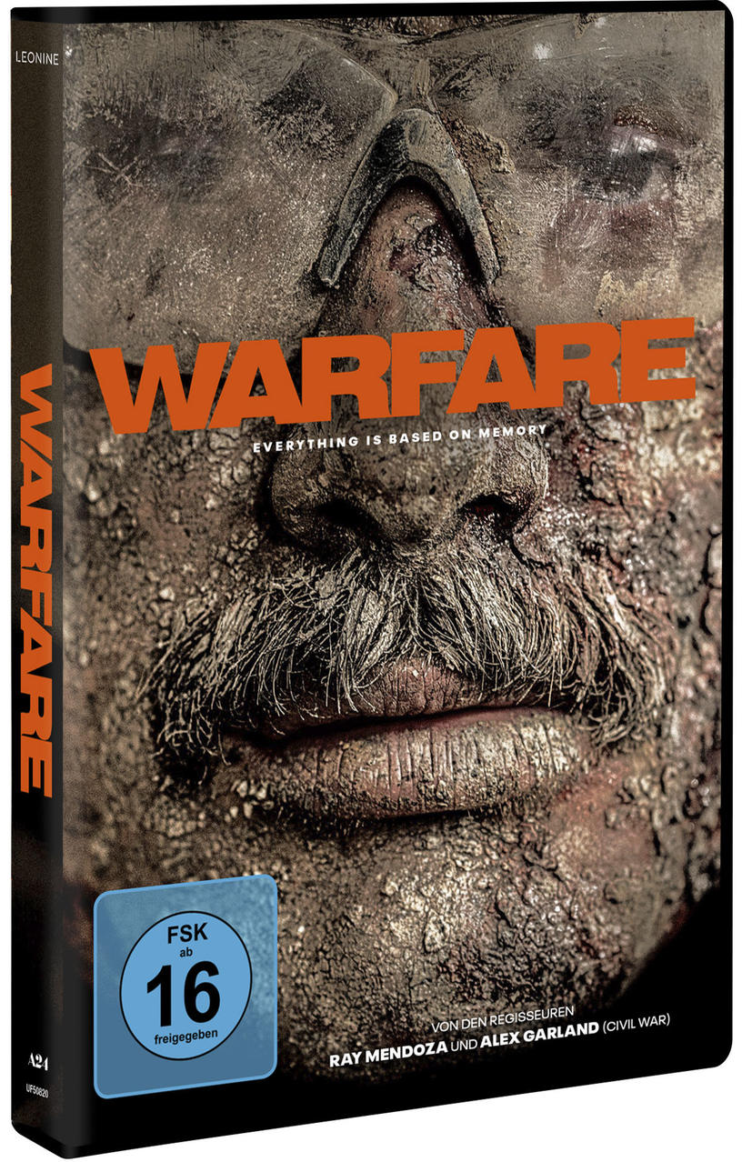 DVD-Cover von 'Warfare'. Ein schlammbedecktes Gesicht mit einem großen Schnurrbart steht im Mittelpunkt. Oranger Text lautet 'WARFARE'. FSK 16 Symbol sichtbar.