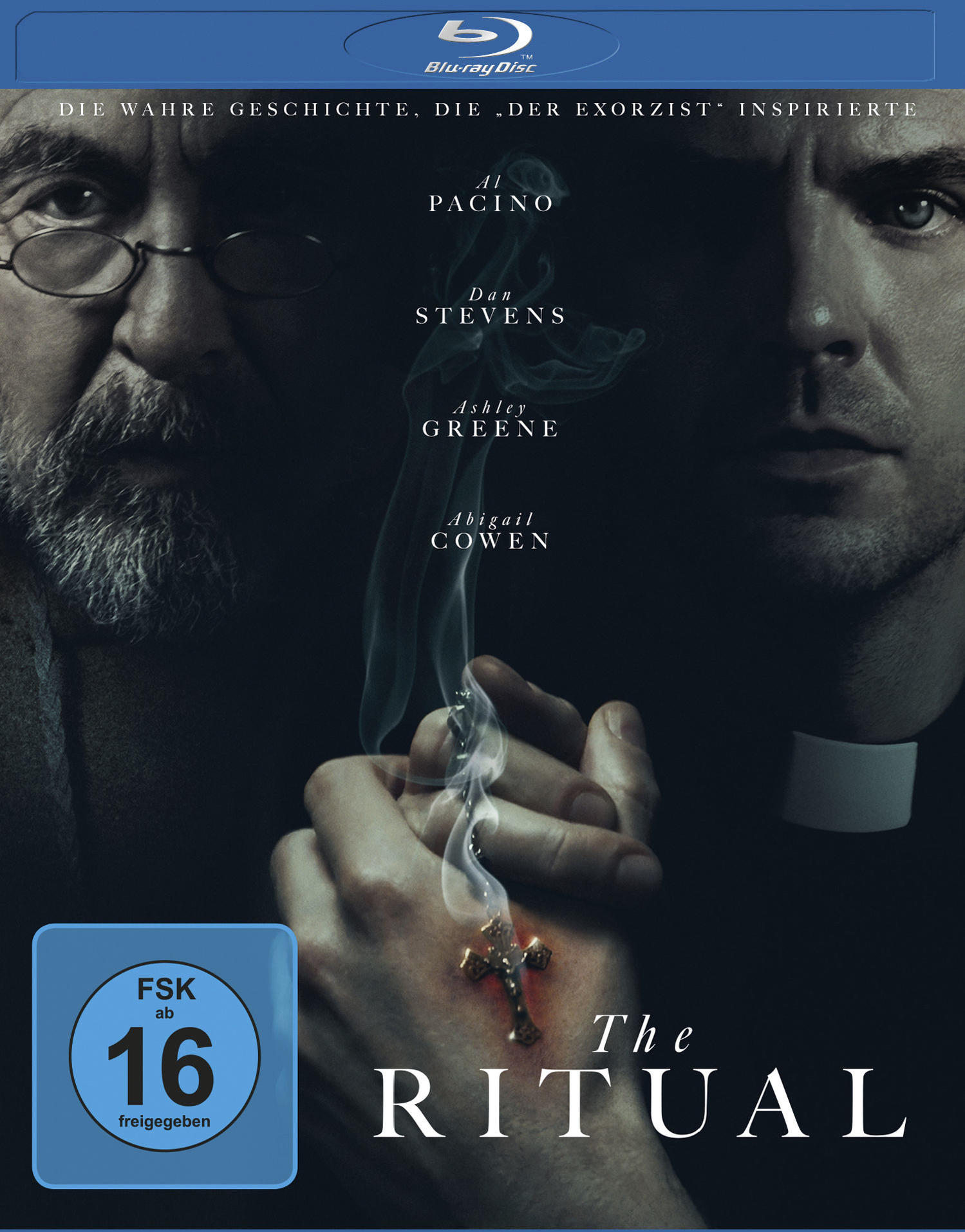 Filmposter für The Ritual. Zeigt zwei Männergesichter, ein brennendes Kreuz und den Titel. Freigegeben ab 16.